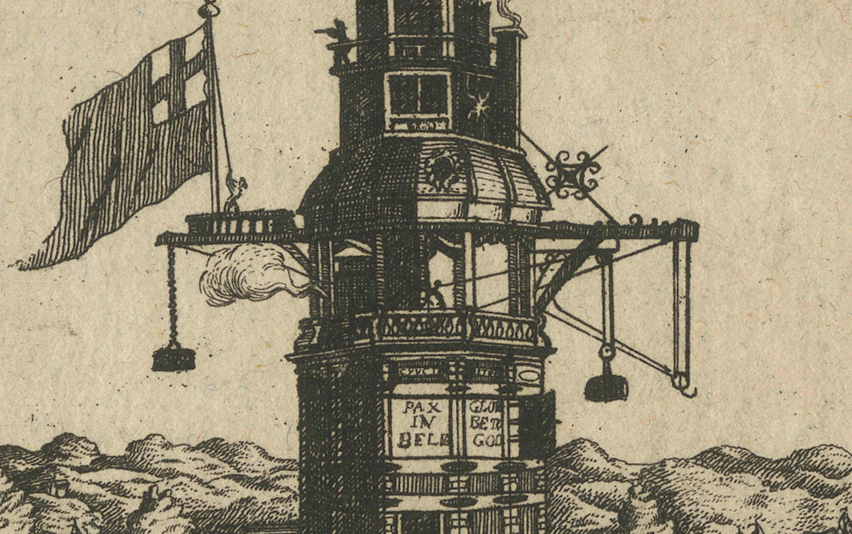 Lighthouse at Plymouth – Engraving by Pieter van der Aa, Leiden 1707 In Good Condition For Sale In Langweer, NL