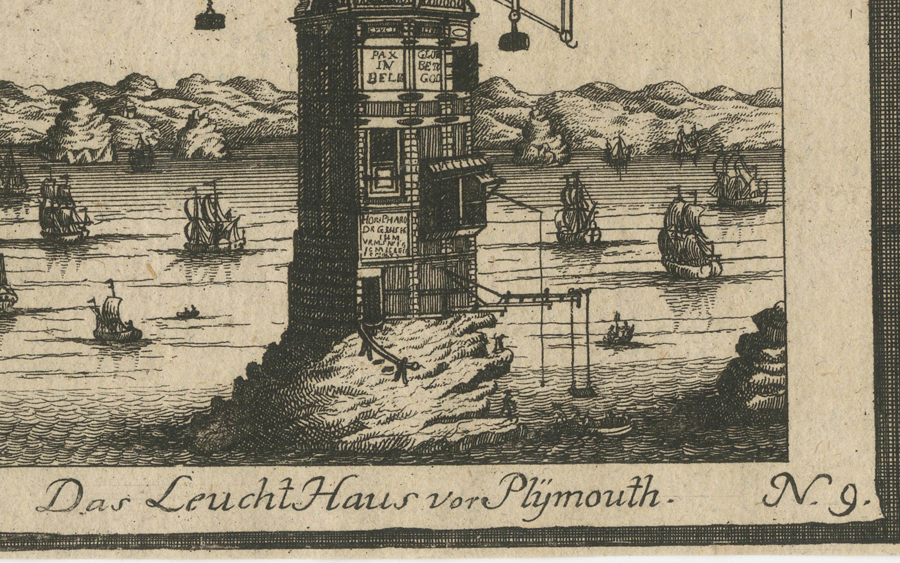 Early 18th Century Lighthouse at Plymouth – Engraving by Pieter van der Aa, Leiden 1707 For Sale
