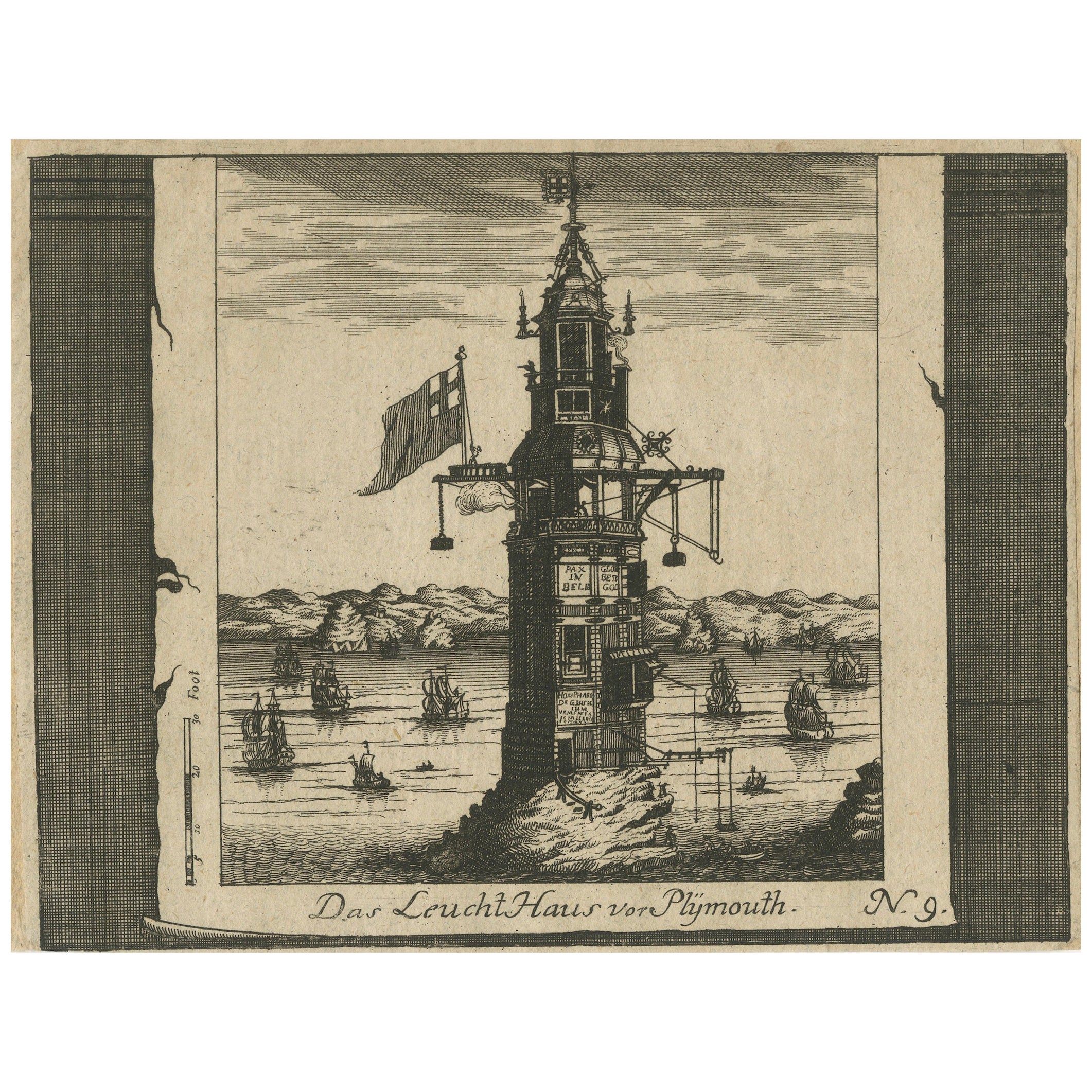 Lighthouse at Plymouth – Engraving by Pieter van der Aa, Leiden 1707 For Sale