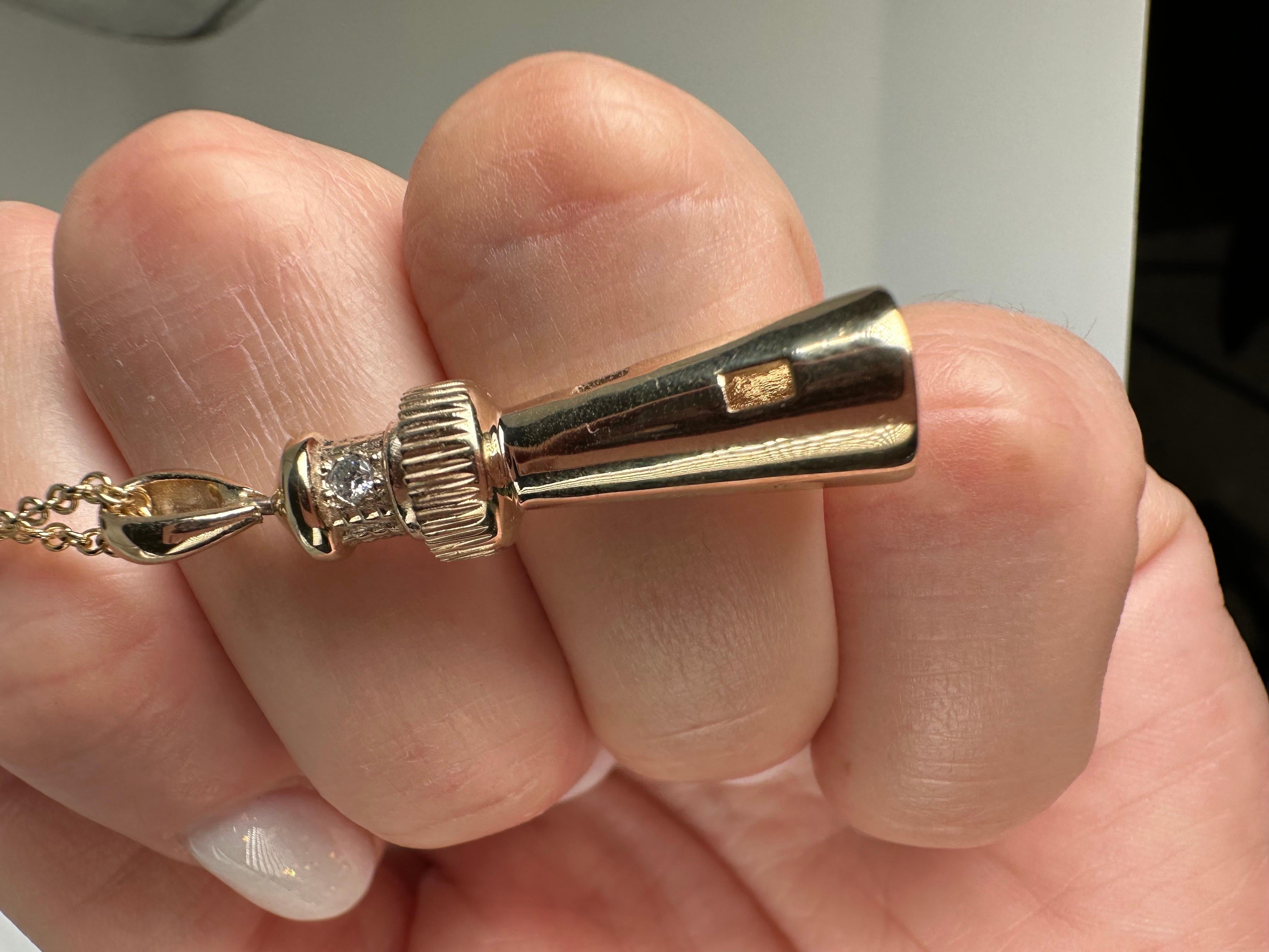 Brilliant Cut Lighthouse Diamond pendant 14KT gold JUPITER lighthouse necklace For Sale