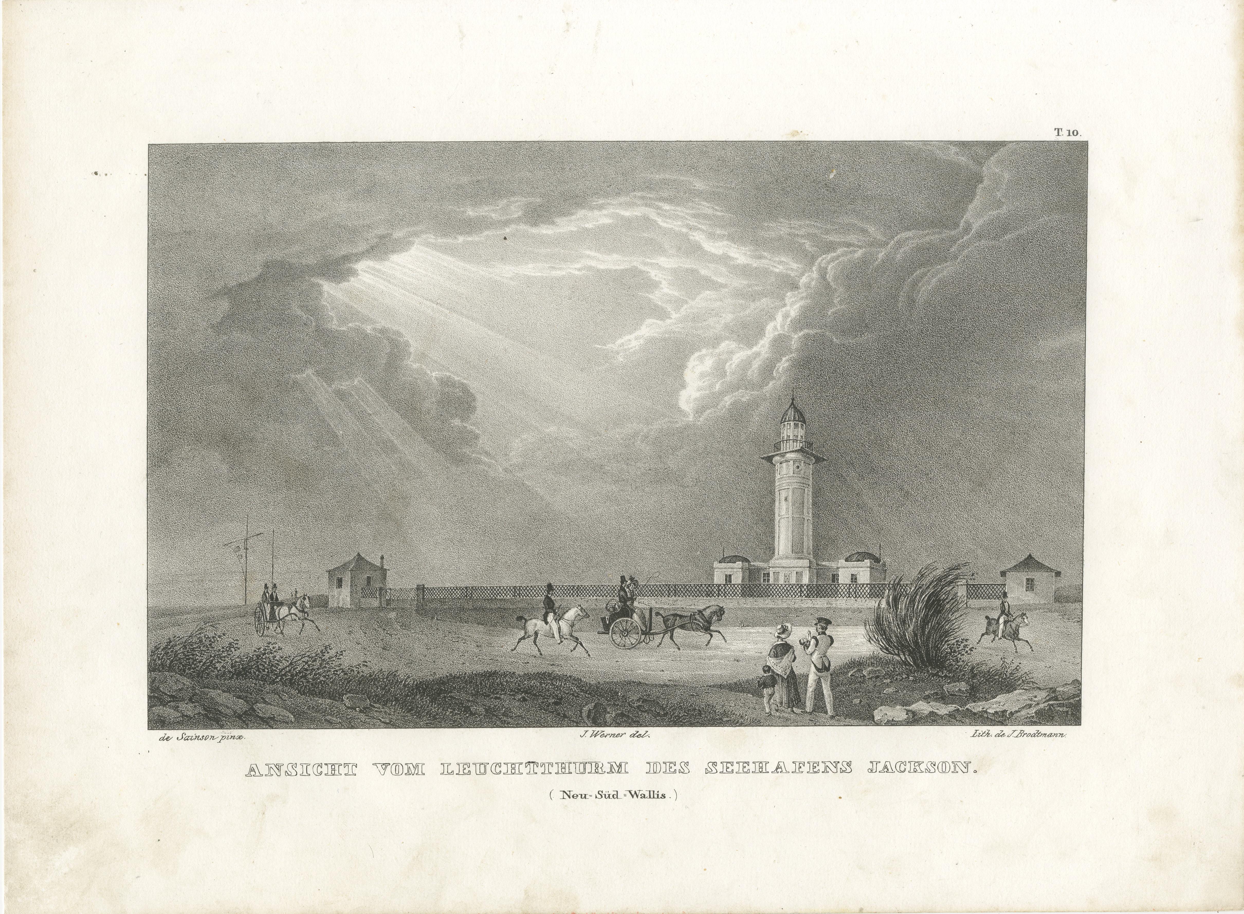 Titre : Phare de Port Jackson, Nouvelle-Galles du Sud  

Description : Cette lithographie saisissante, datant d'environ 1836, capture une vue sereine et atmosphérique du phare de Port Jackson (Sydney), en Nouvelle-Galles du Sud. Le phare, qui se
