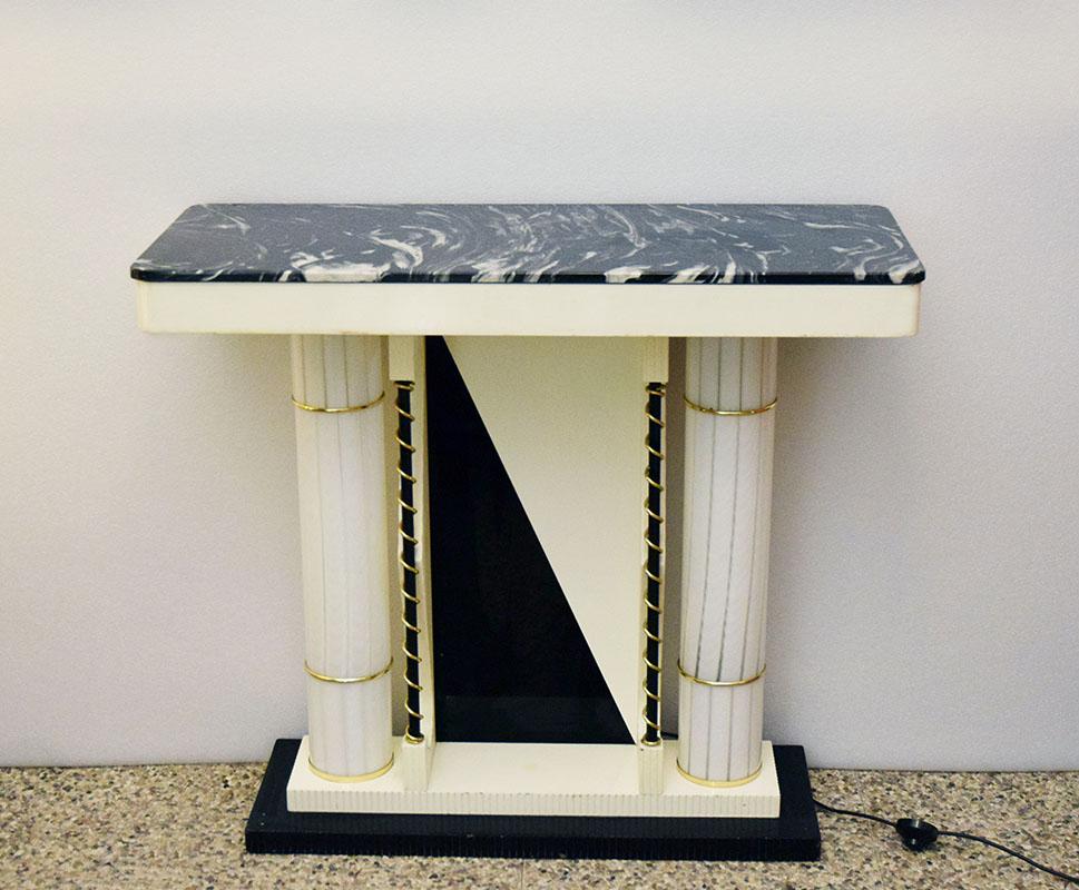 Hollywood Regency Lighting console in glass, marble and wood, Italy 1970s For Sale