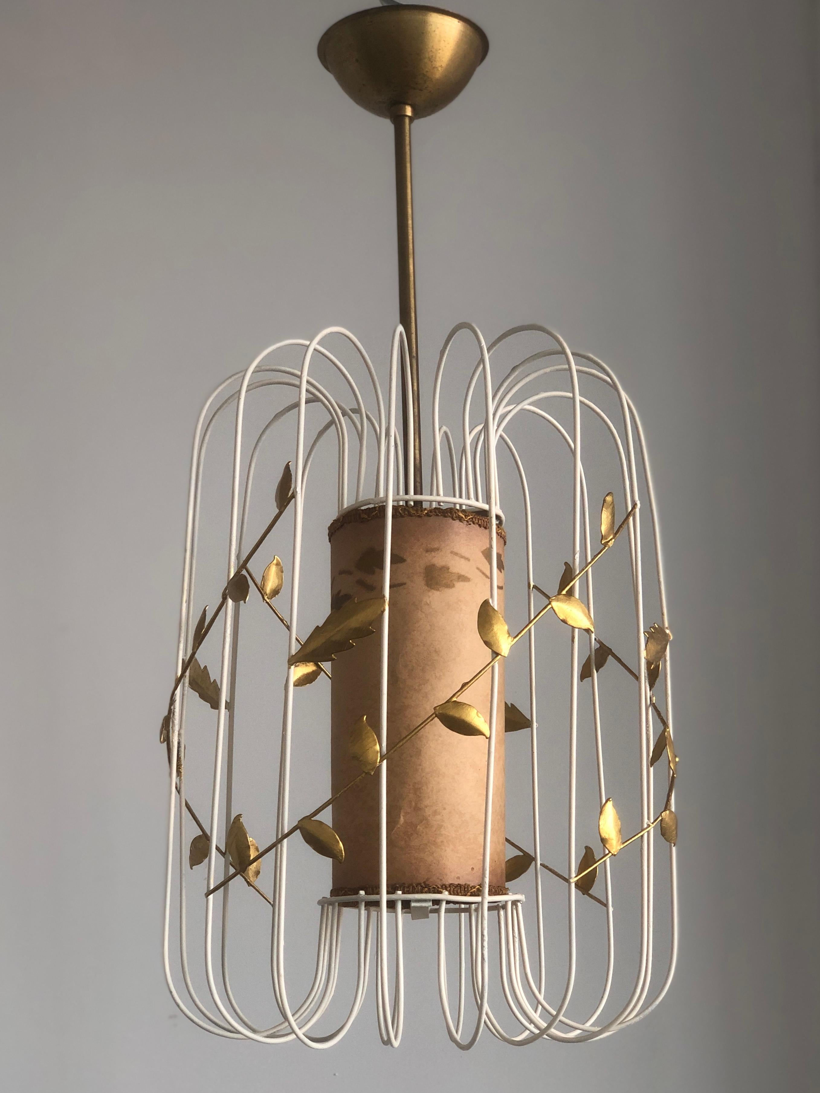 Vintage Scandinavian pendant. 
Circa 1930/40th.  Designed attributed to Hans Bergstrom.
Slightly tapered metal wires cage with probably original paper shade.
Rewiring available upon request.