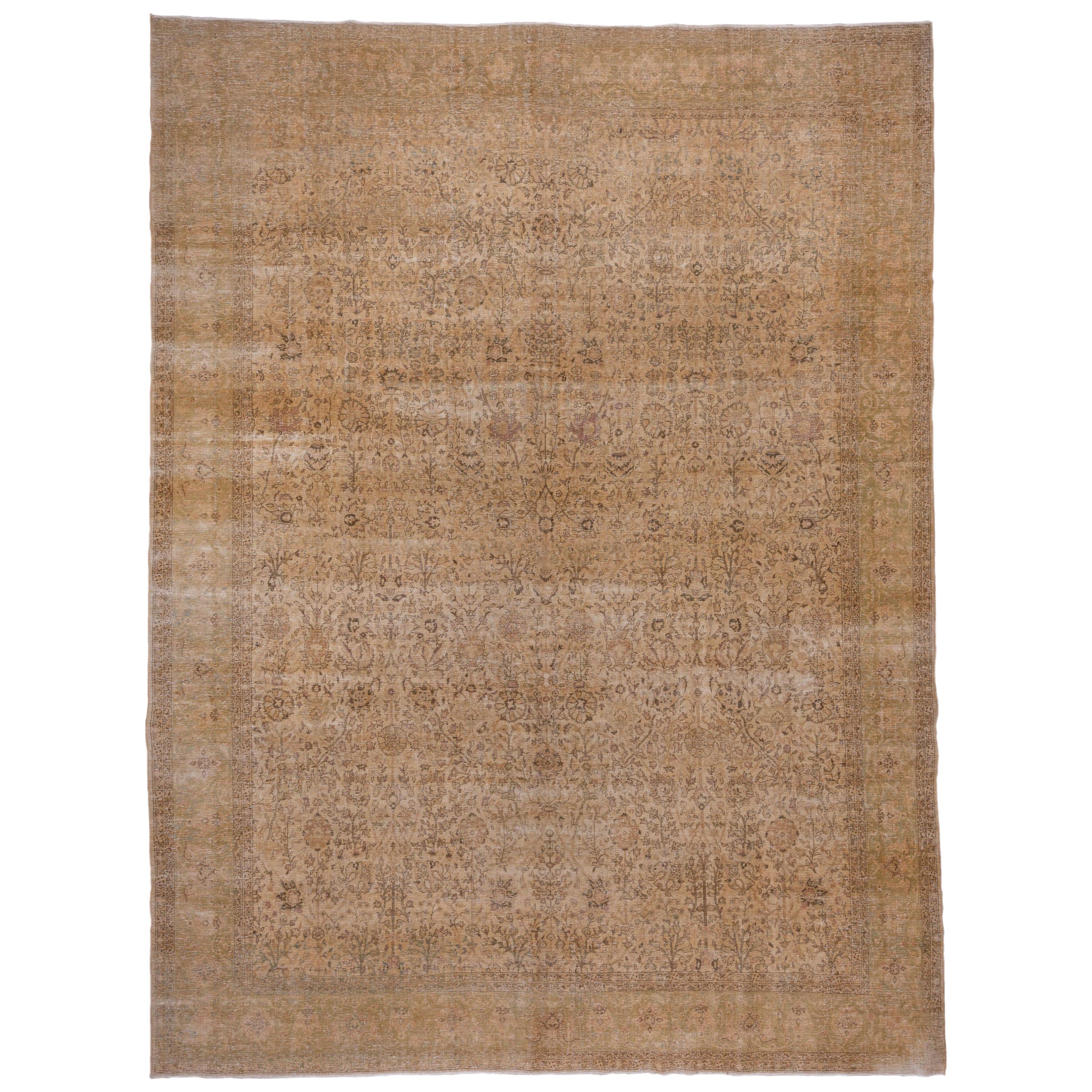 Lightly Distessed Turkish Sivas Carpet, Allover Field, Light Brown Palette For Sale