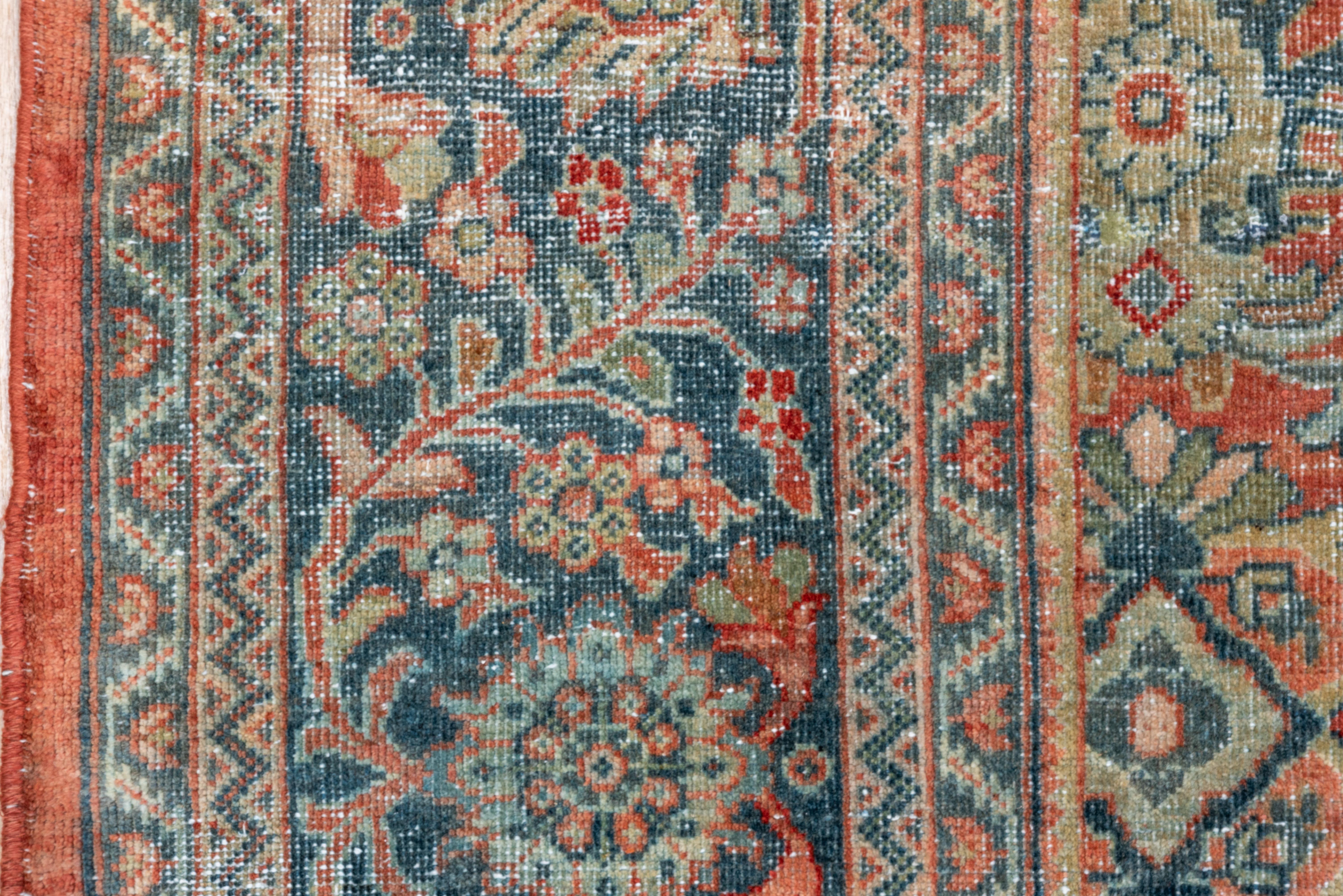 Hand-Knotted Lightly Distressed Antique Persian Mahal Rug, Red All-Over Field, Teal Accents For Sale