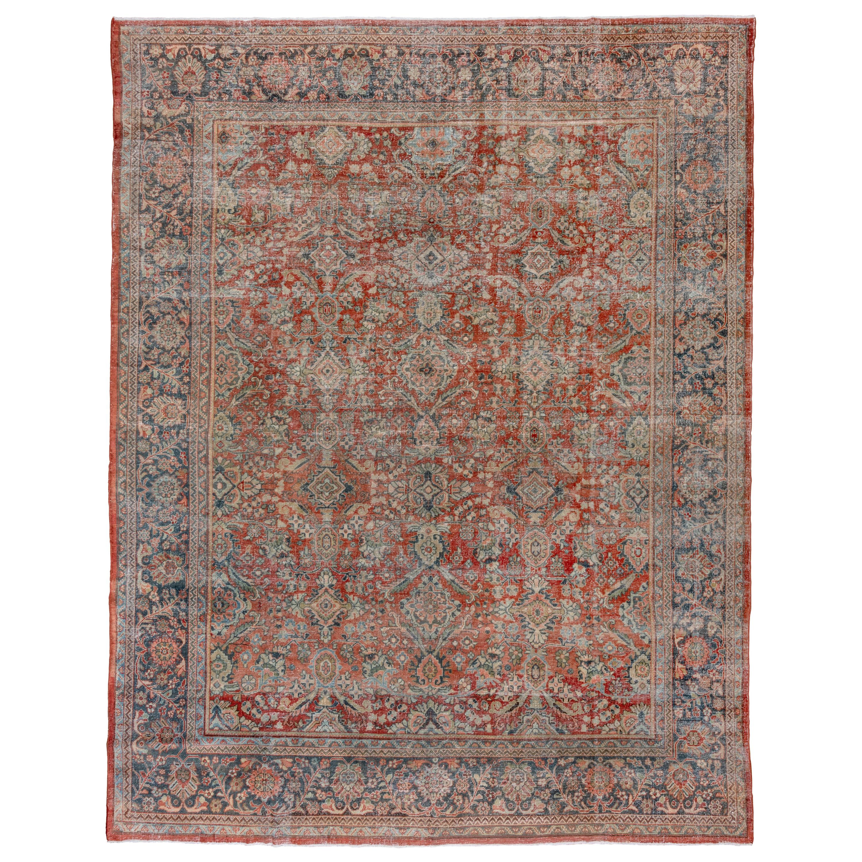 Lightly Distressed Antique Persian Mahal Rug, Red All-Over Field, Teal Accents