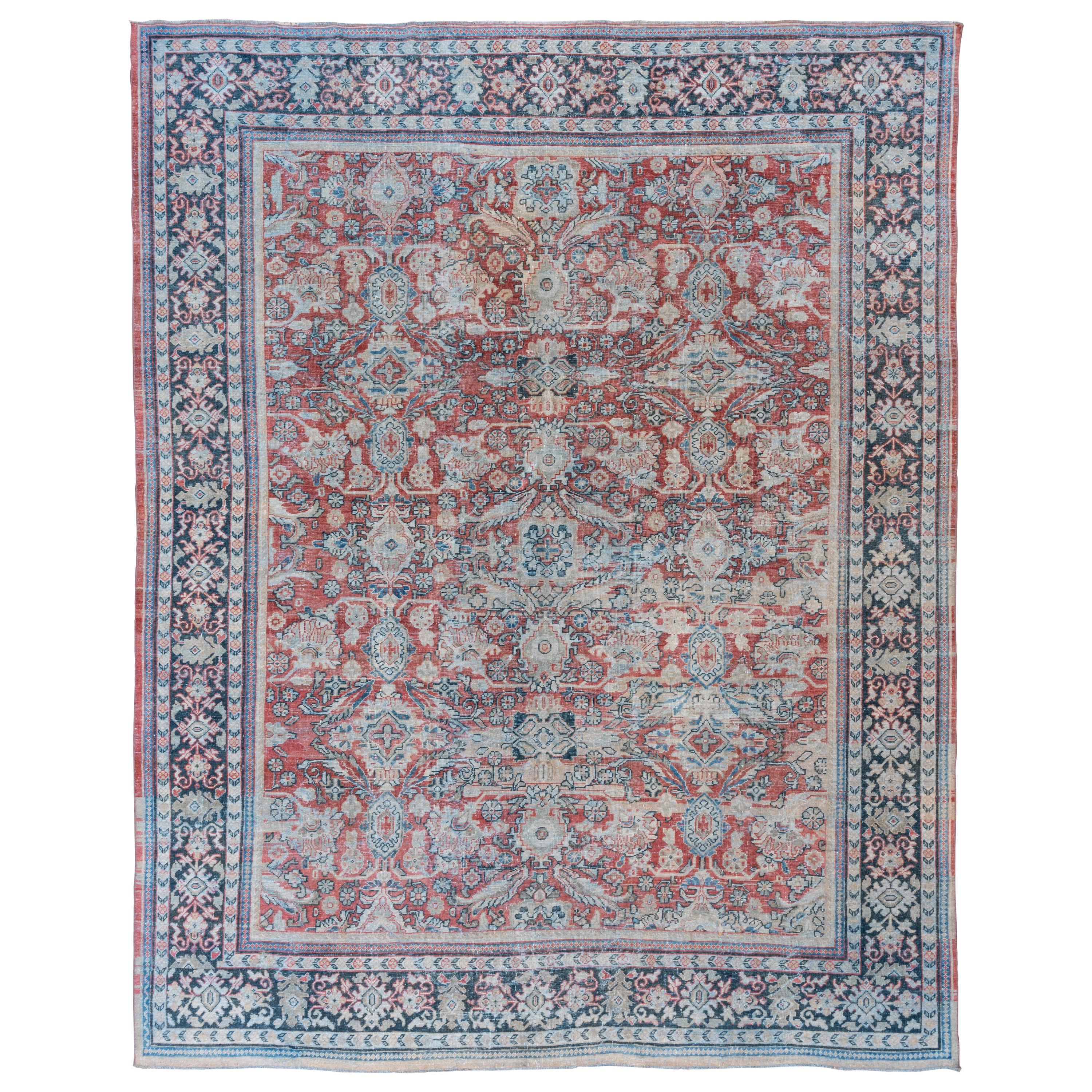 Lightly Distressed Antique Red Persian Mahal Rug, Blue Borders, All-Over Field For Sale