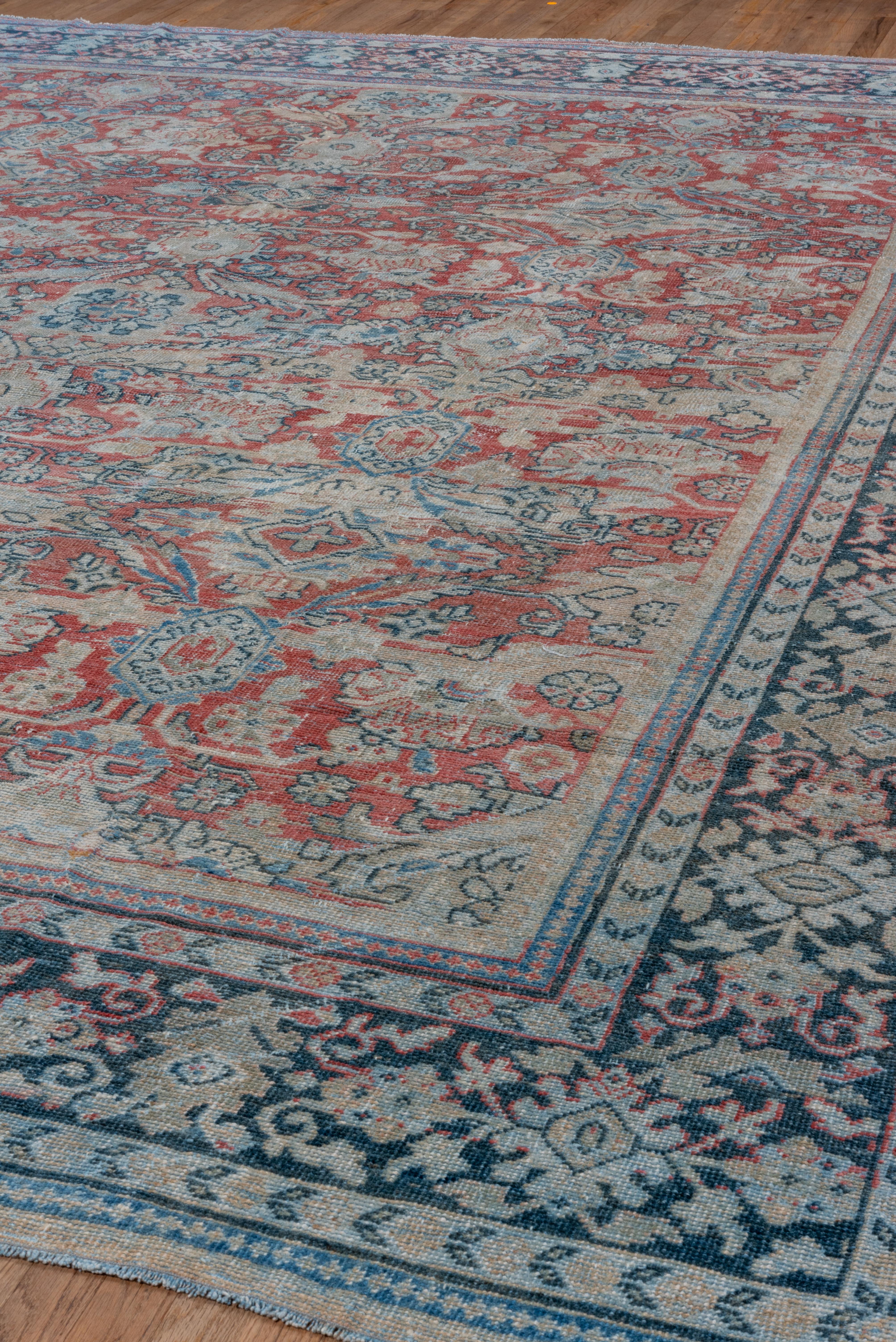 Tribal Lightly Distressed Antique Red Persian Mahal Rug, Blue Borders, All-Over Field For Sale