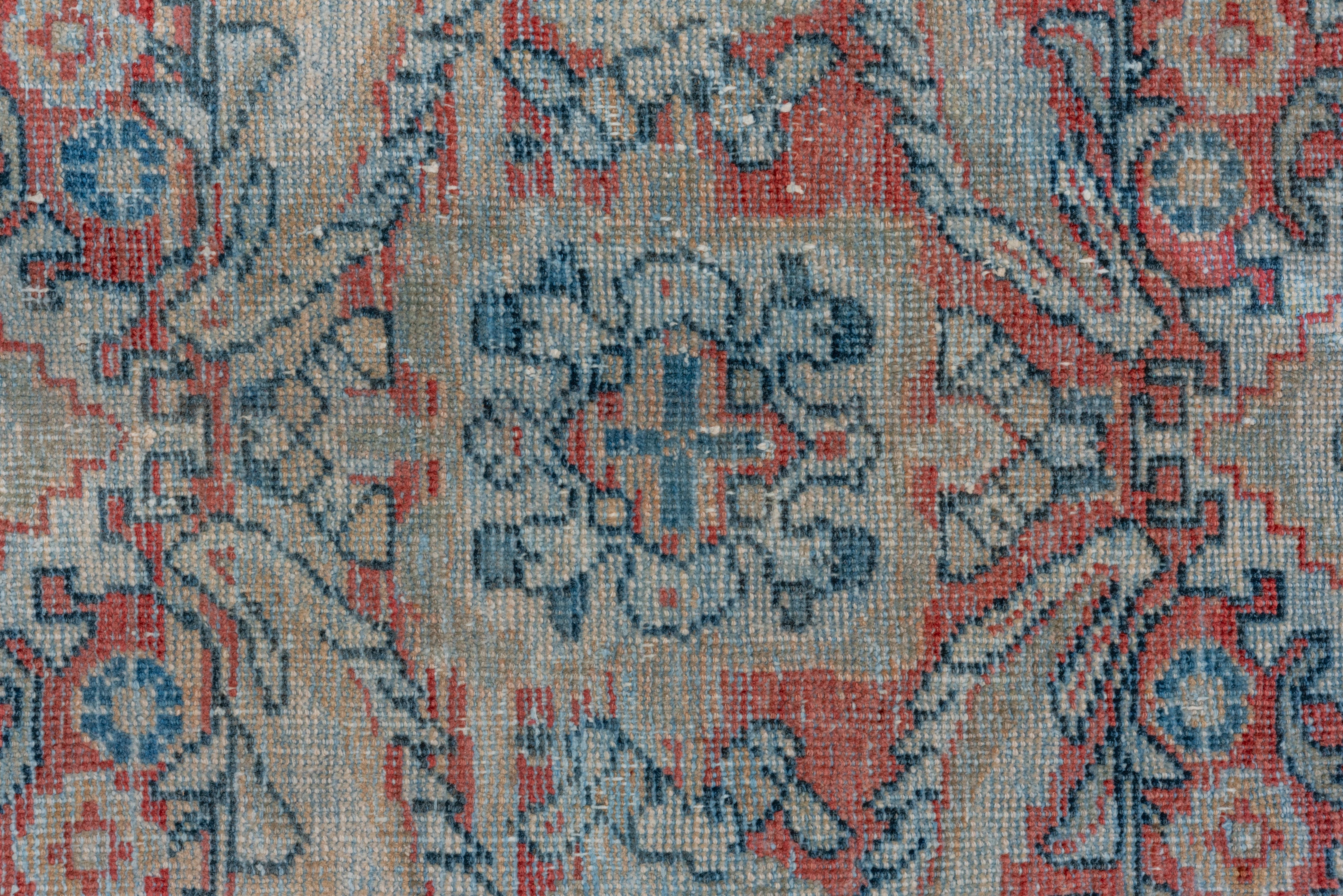 Hand-Knotted Lightly Distressed Antique Red Persian Mahal Rug, Blue Borders, All-Over Field For Sale