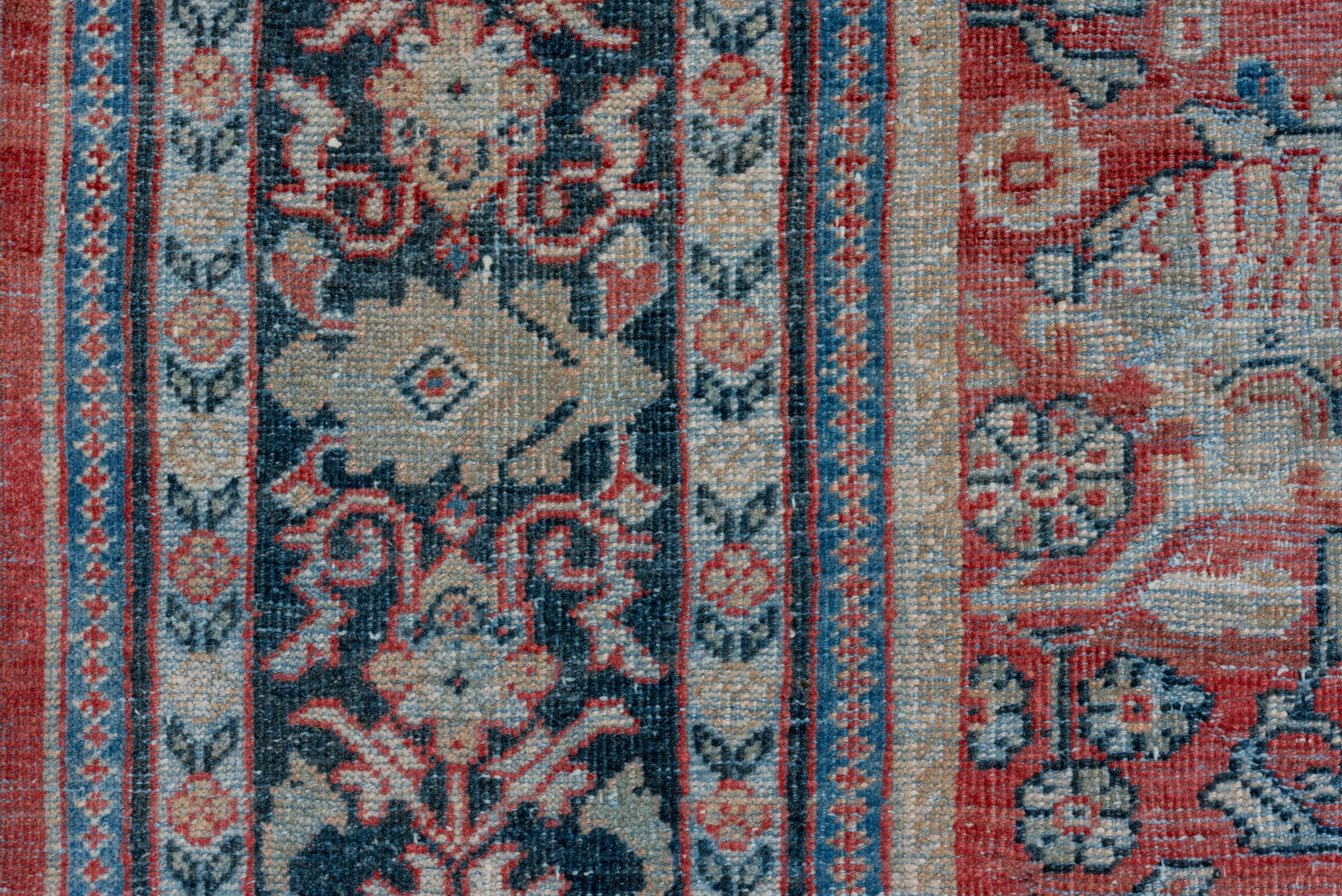 Early 20th Century Lightly Distressed Antique Red Persian Mahal Rug, Blue Borders, All-Over Field For Sale