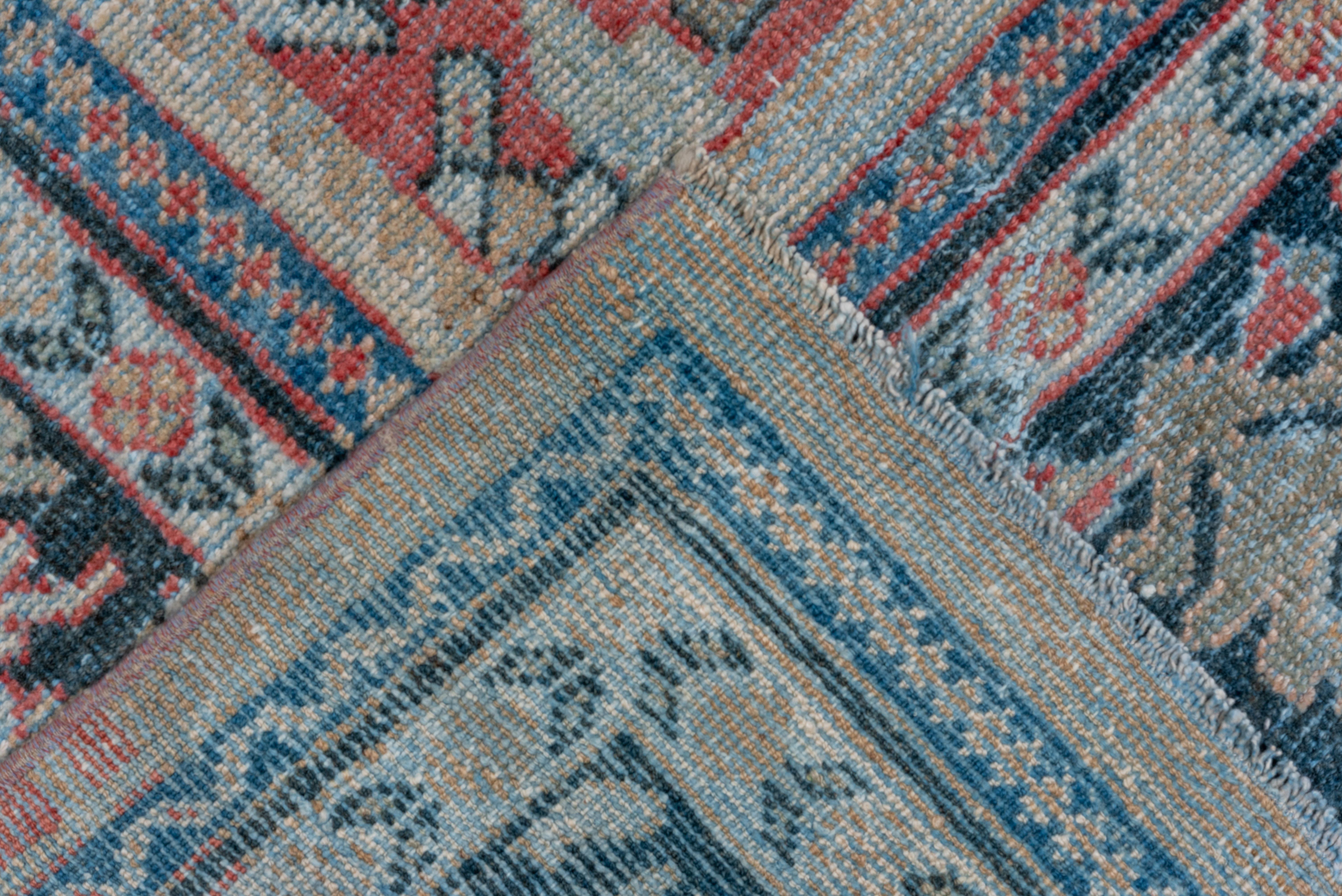 Wool Lightly Distressed Antique Red Persian Mahal Rug, Blue Borders, All-Over Field For Sale