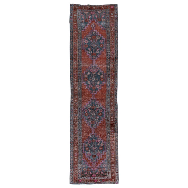 Red Persian Heriz Runner Rug, Persian Rug With Blue And Red Accents