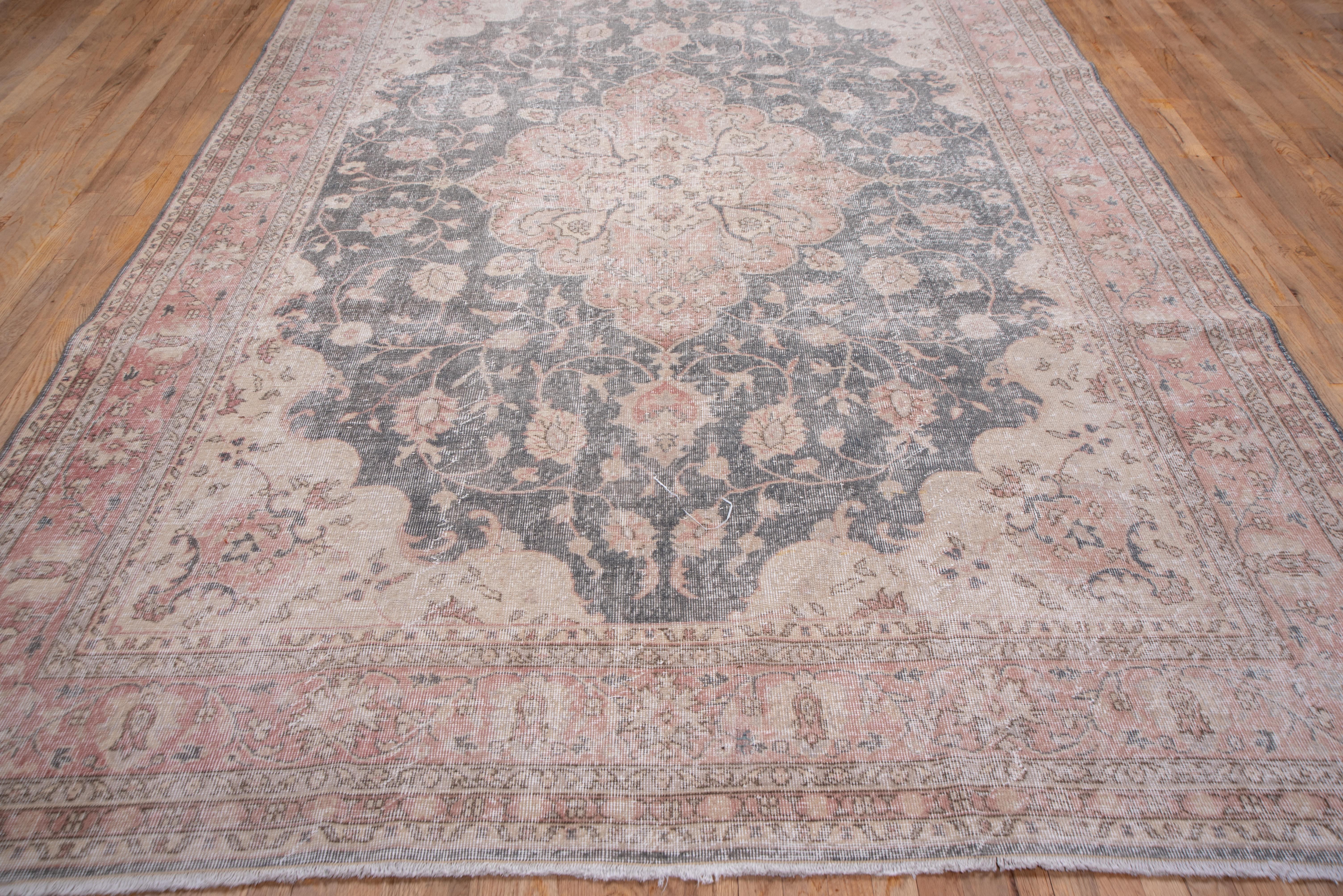 Hand-Knotted Lightly Distressed Oushak Carpet, Shabby Chic Style, Gray Field, Pink Border