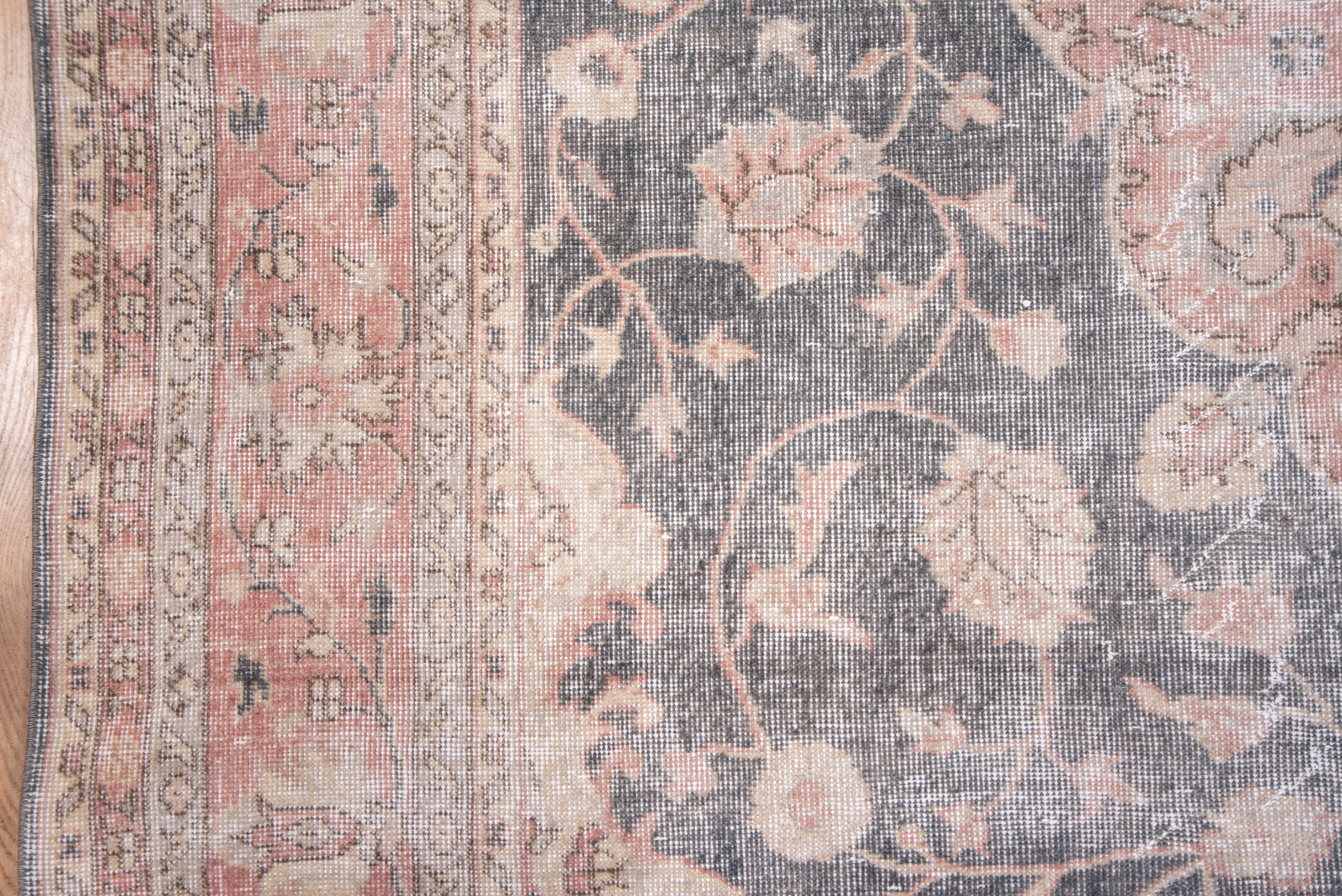 Wool Lightly Distressed Oushak Carpet, Shabby Chic Style, Gray Field, Pink Border