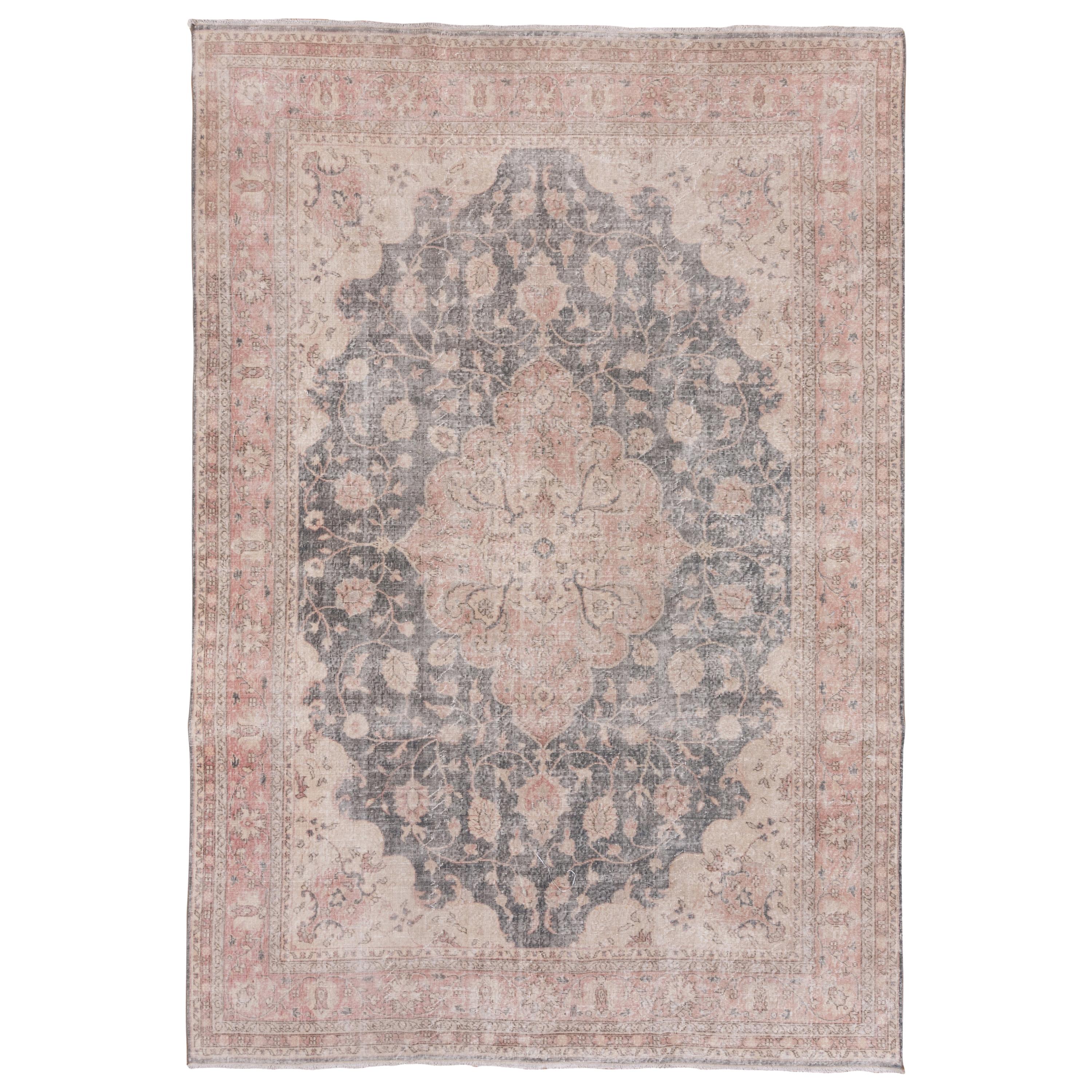 Lightly Distressed Oushak Carpet, Shabby Chic Style, Gray Field, Pink Border
