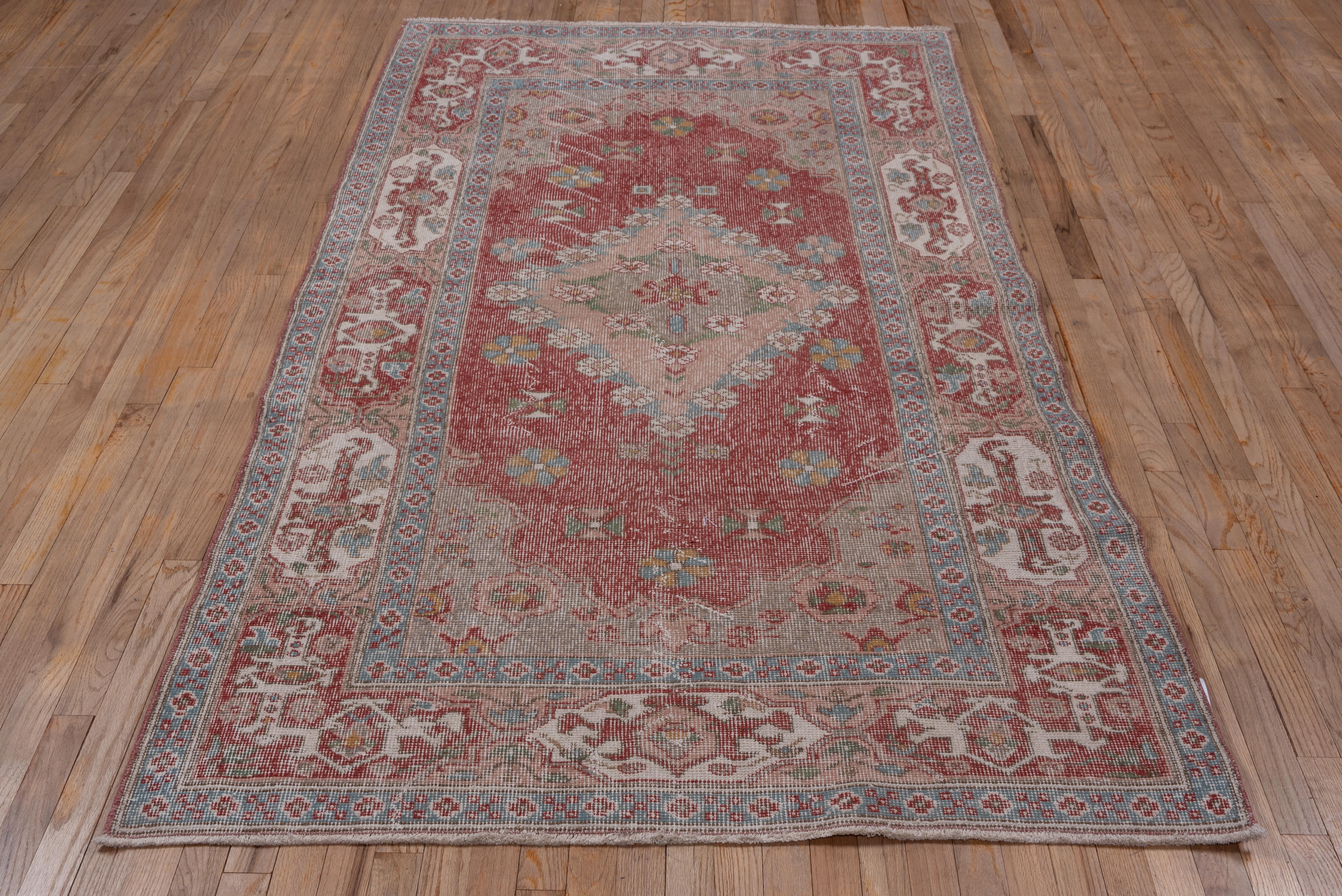 Hand-Knotted Lightly Distressed Oushak Rug, Soft Red Field, Baby Blue Borders, Shabby Chic For Sale