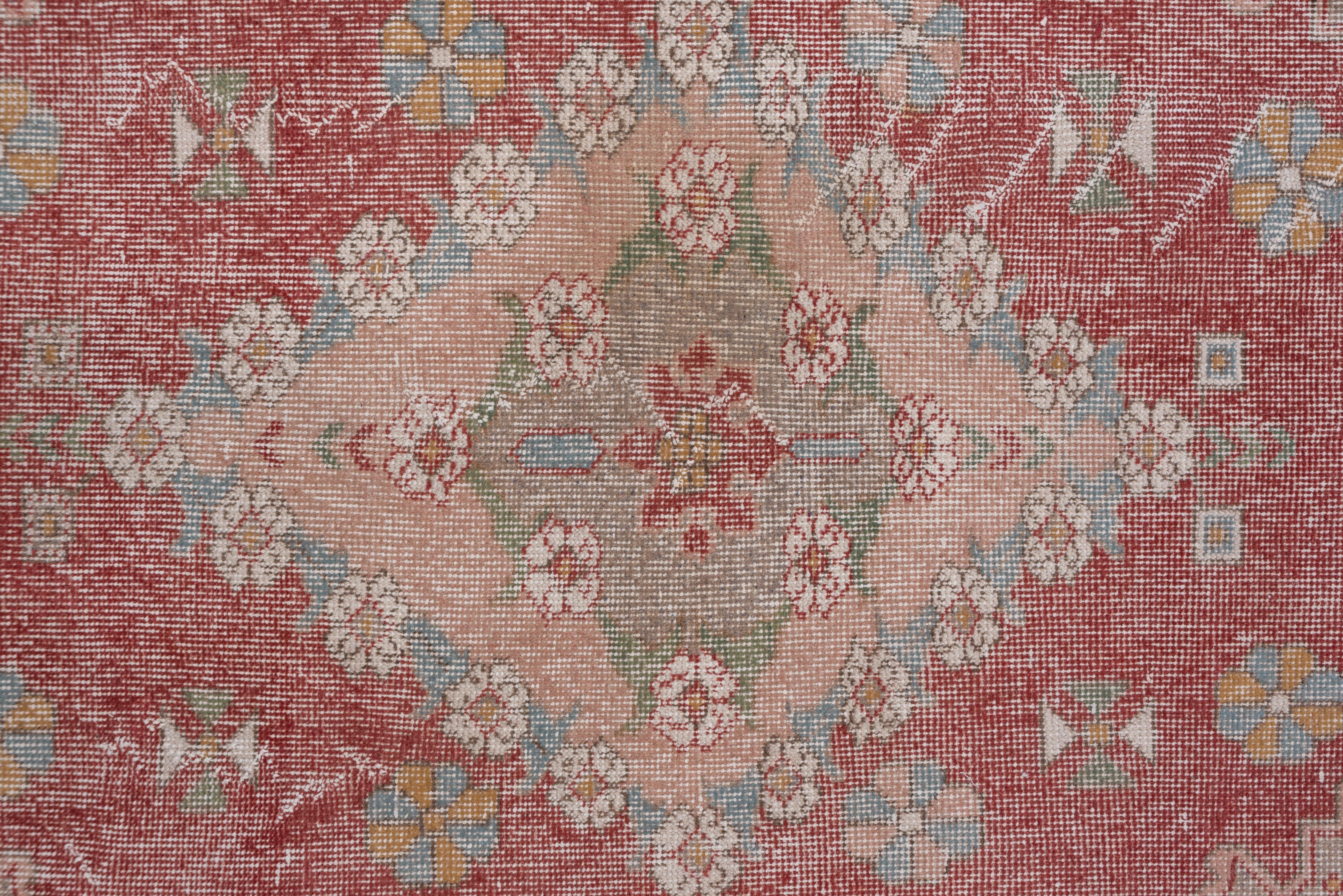 Lightly Distressed Oushak Rug, Soft Red Field, Baby Blue Borders, Shabby Chic In Good Condition For Sale In New York, NY
