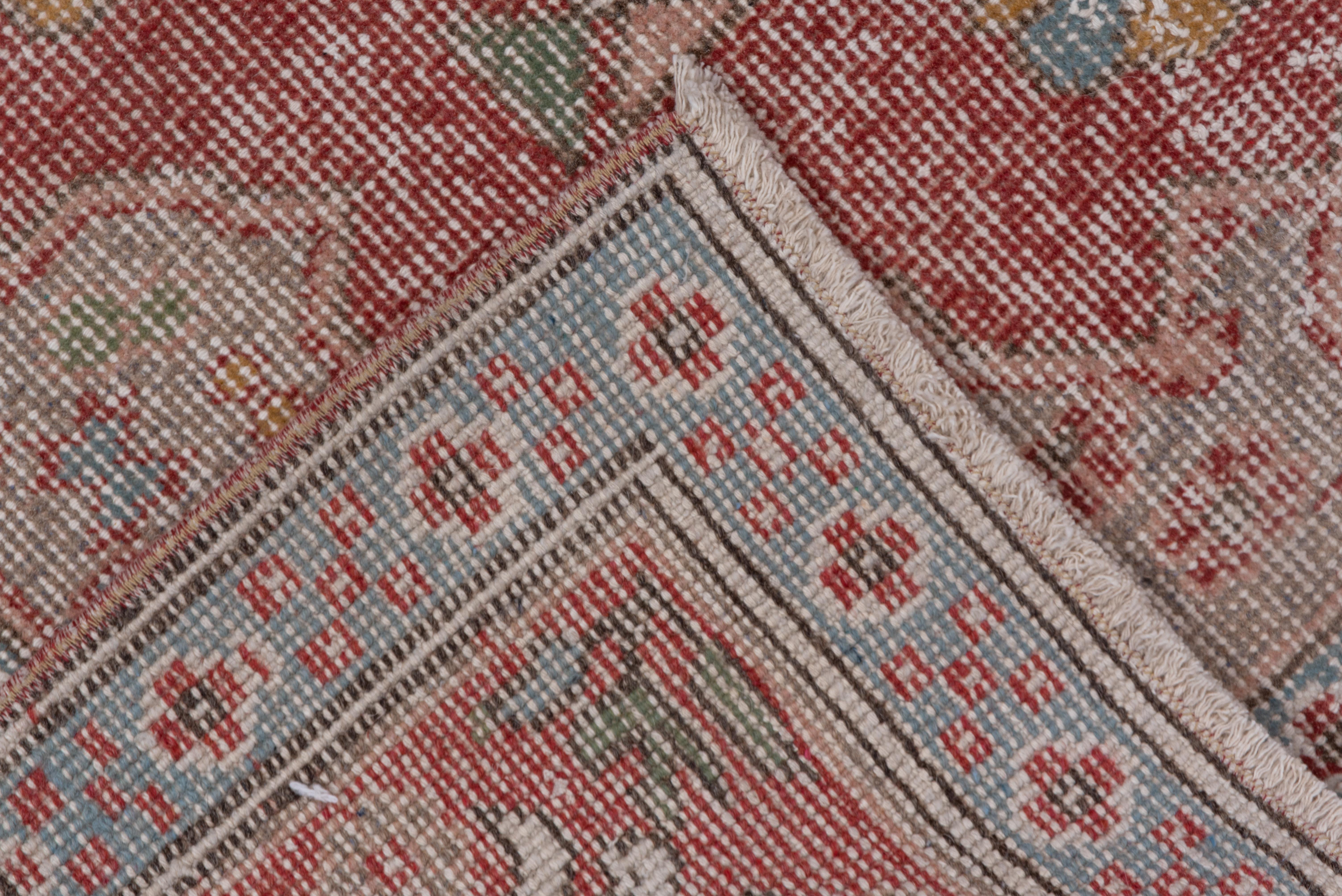 Wool Lightly Distressed Oushak Rug, Soft Red Field, Baby Blue Borders, Shabby Chic For Sale