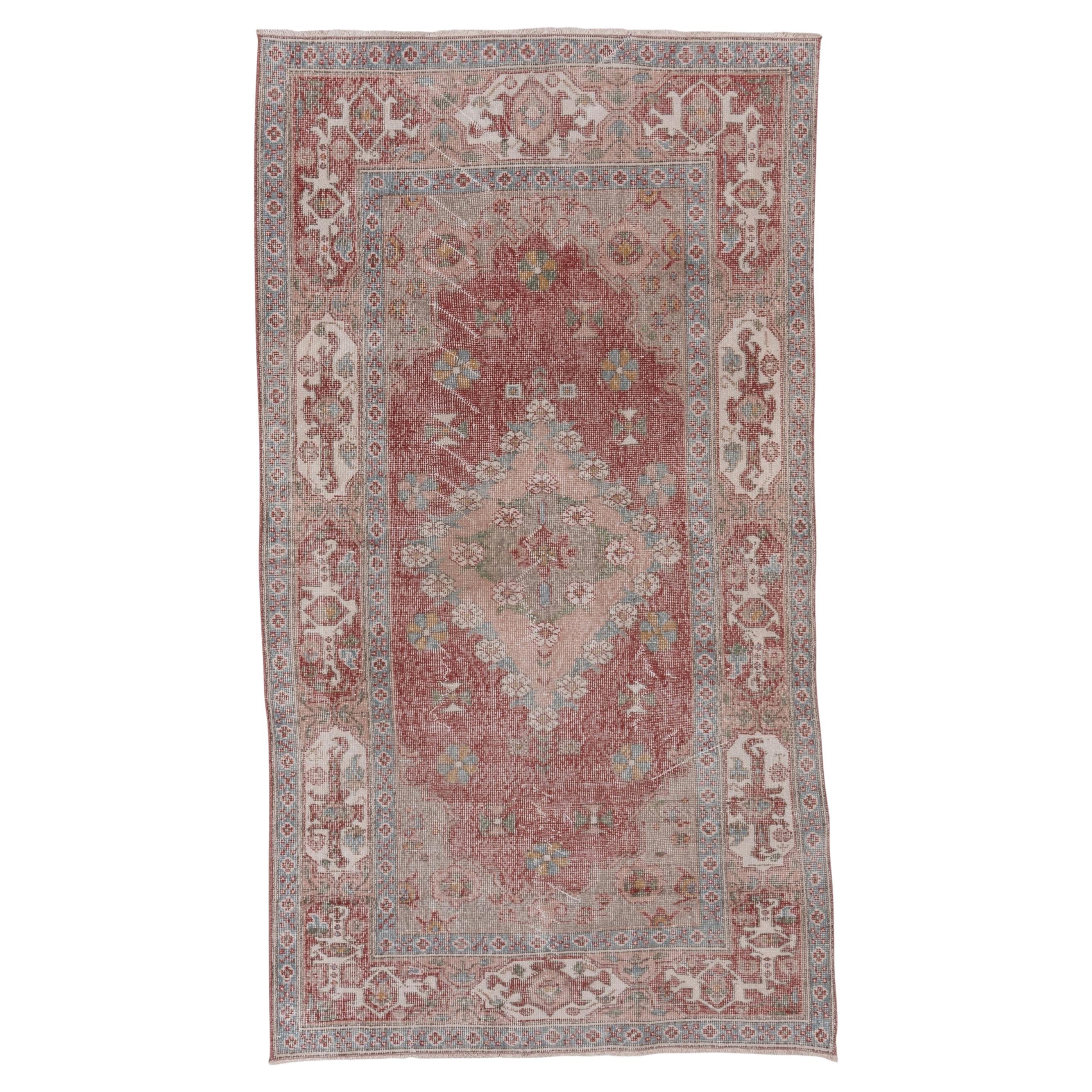 Lightly Distressed Oushak Rug, Soft Red Field, Baby Blue Borders, Shabby Chic For Sale