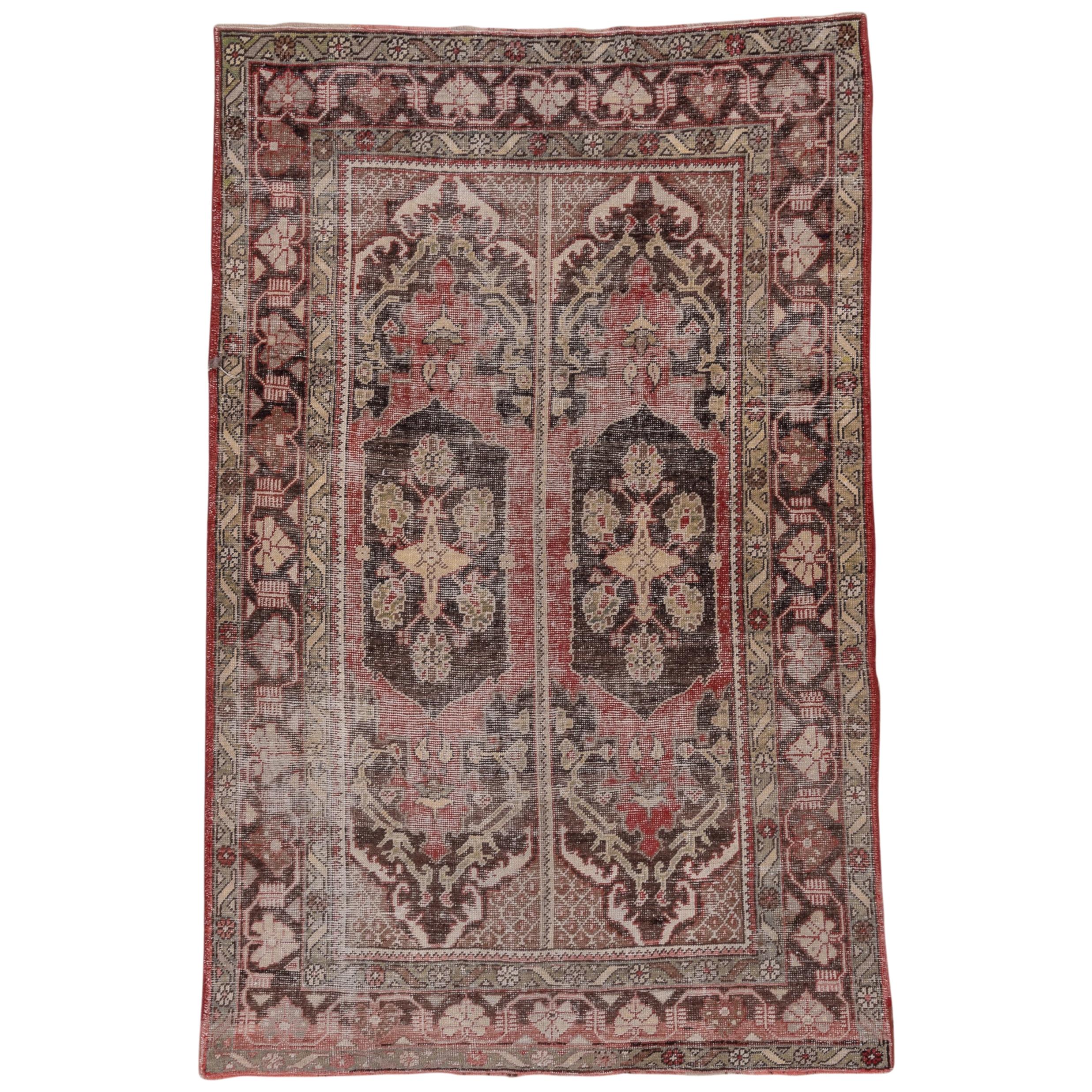 Lightly Distressed Turkish Anatolian Rug, Red and Brown Palette