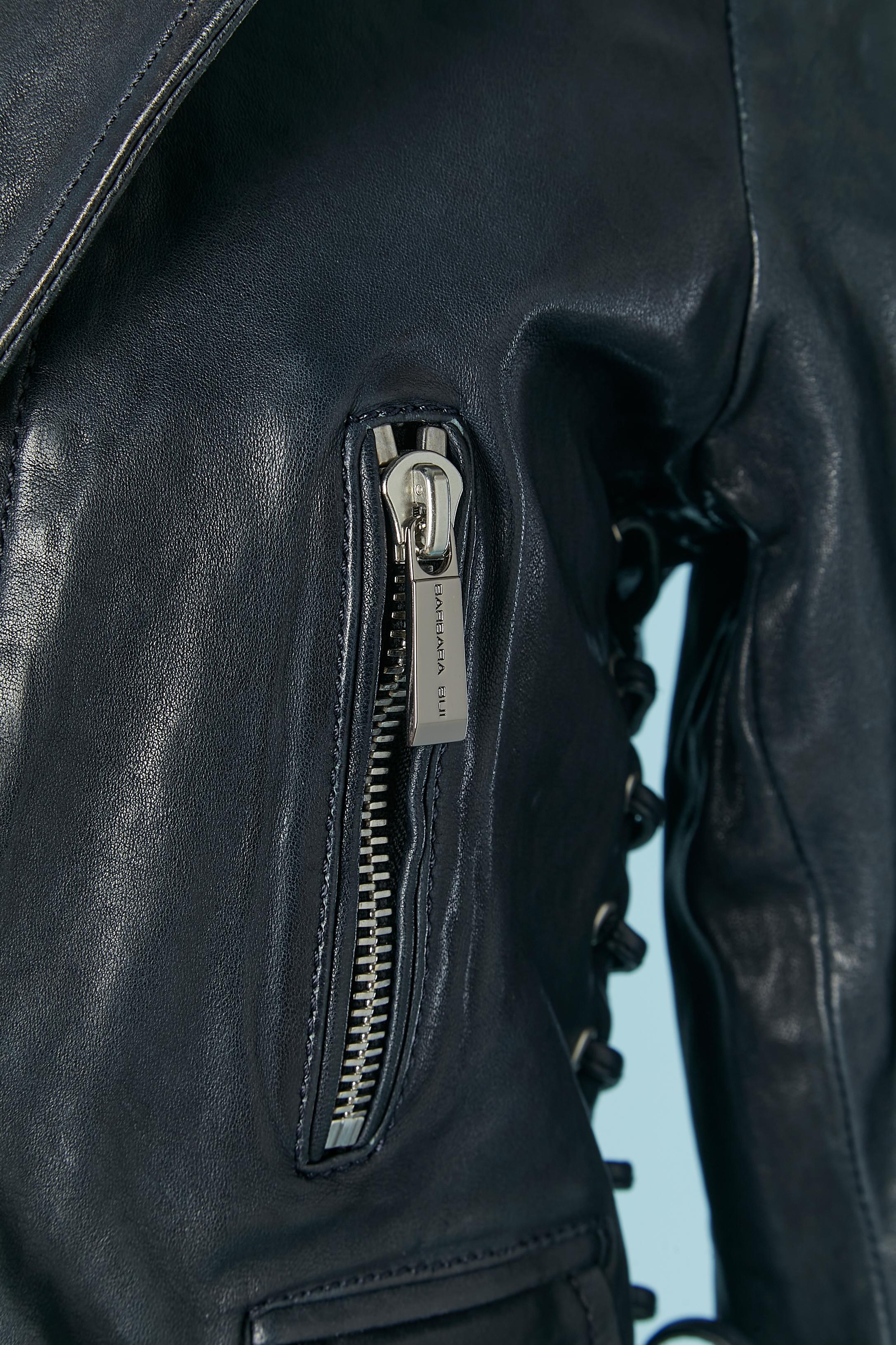 Nero Giacca biker in pelle nera leggermente padellata con lacci in pelle BARBARA BUI New in vendita