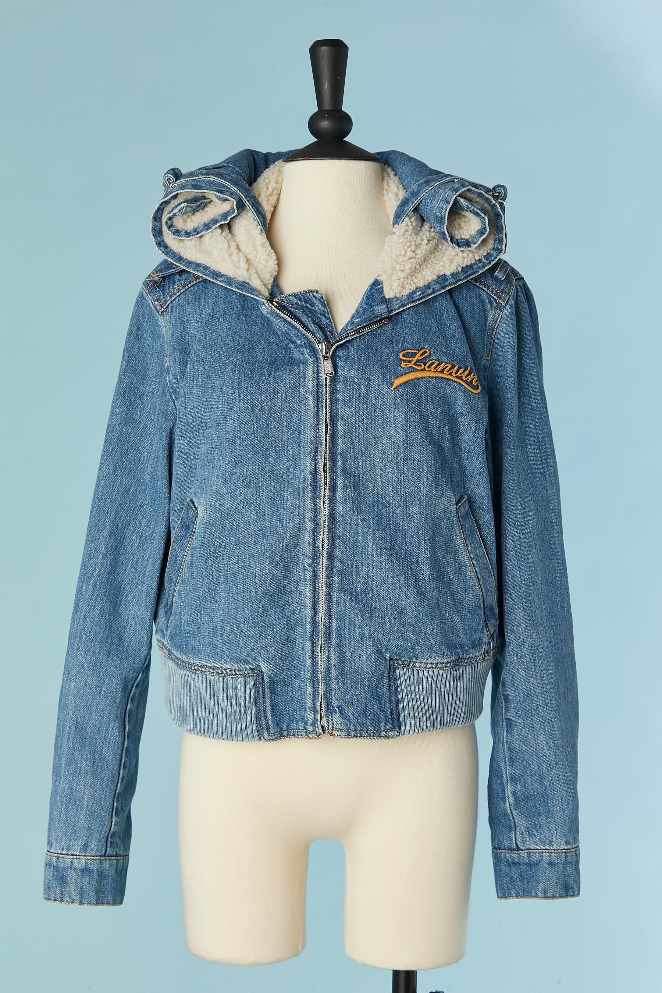 Gray Lightly padded denim jacket with wide off-white fur collar LANVIN