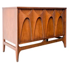 Lightly Restored Broyhill Brasilia Walnut & Brass Petite Buffet or Media Cabinet