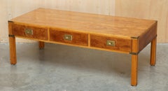 LiGHTLY RESTORED BURR WALNUT & BRASS MILITARY CAMPAIGN THREE DRAWER COFFEE TABLE