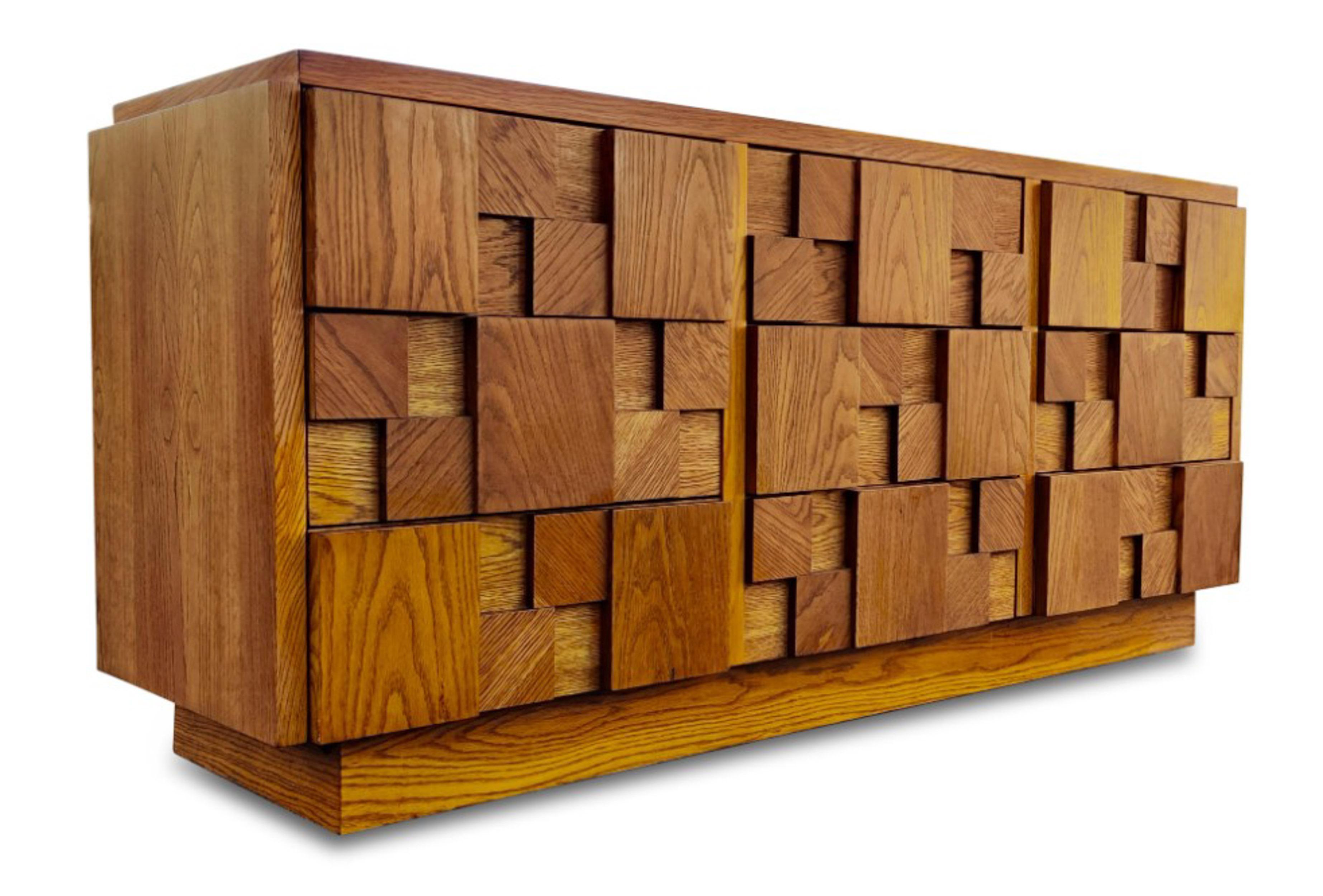 American Lightly Restored, Paul Evans Style, Lane Brutalist, Staccato or Mosaic Dresser   For Sale