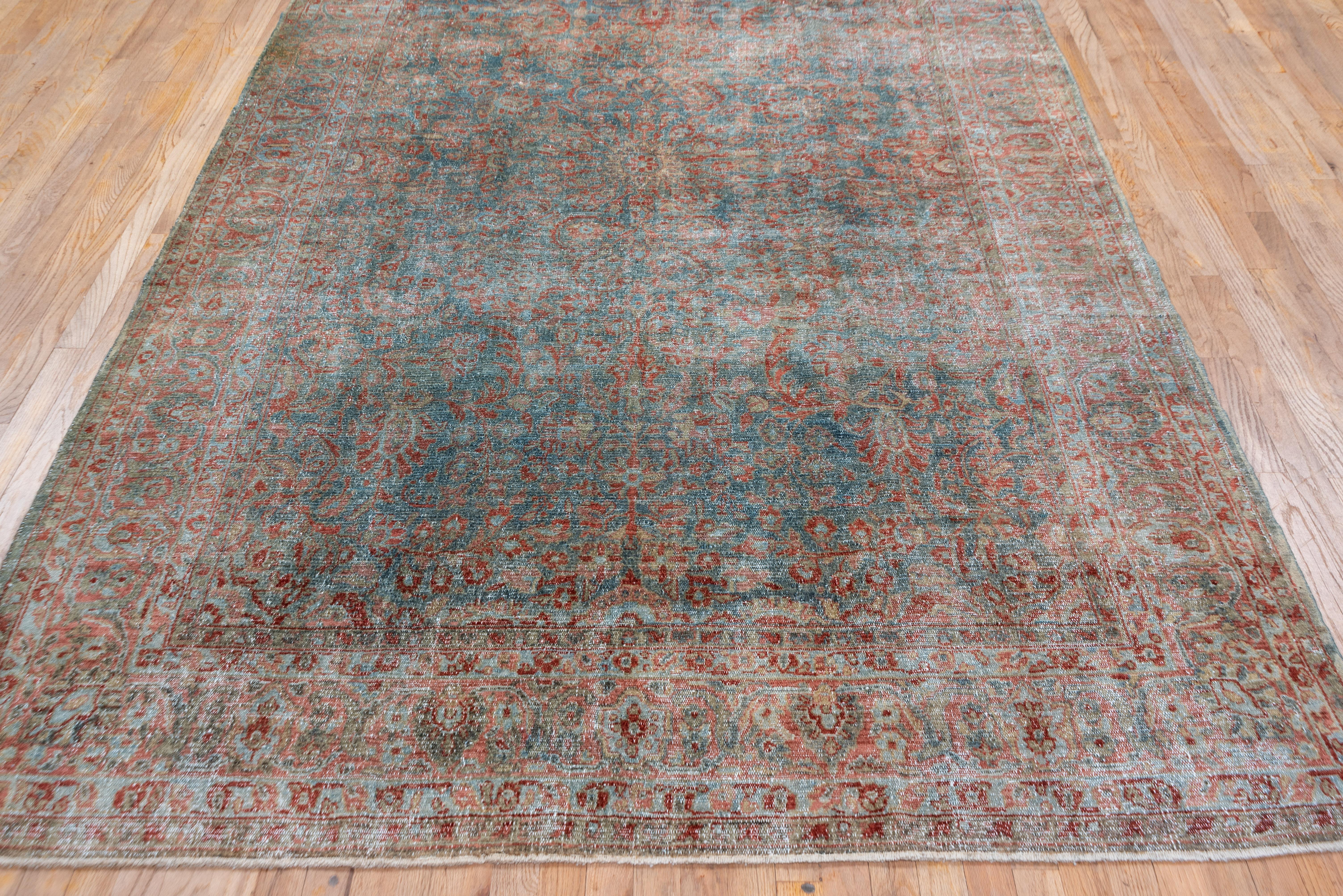 Hand-Knotted Lightly Worn Antique Persian Malayer Kellegi Rug, Blue & Rust Field, circa 1920s For Sale