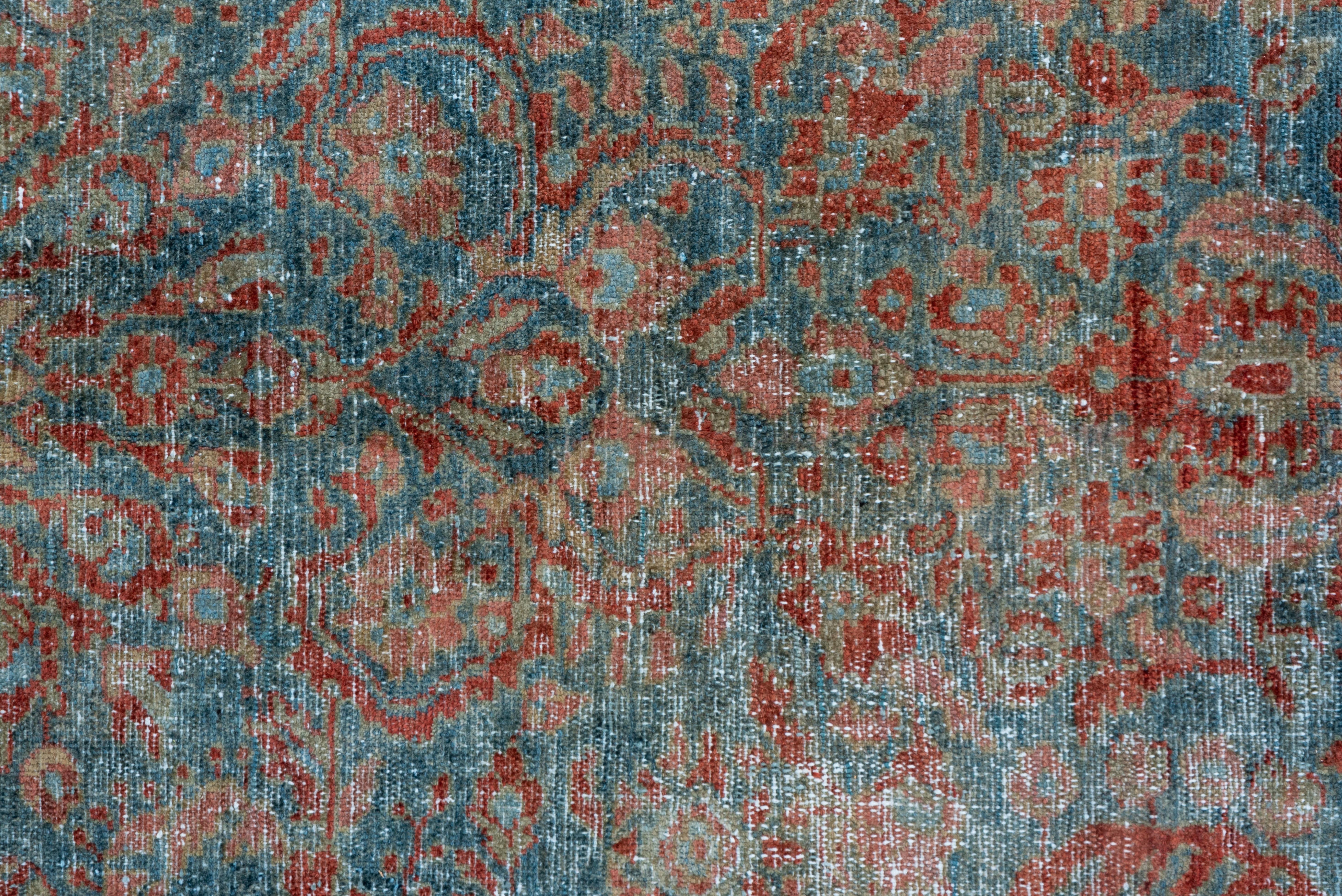Lightly Worn Antique Persian Malayer Kellegi Rug, Blue & Rust Field, circa 1920s In Good Condition For Sale In New York, NY