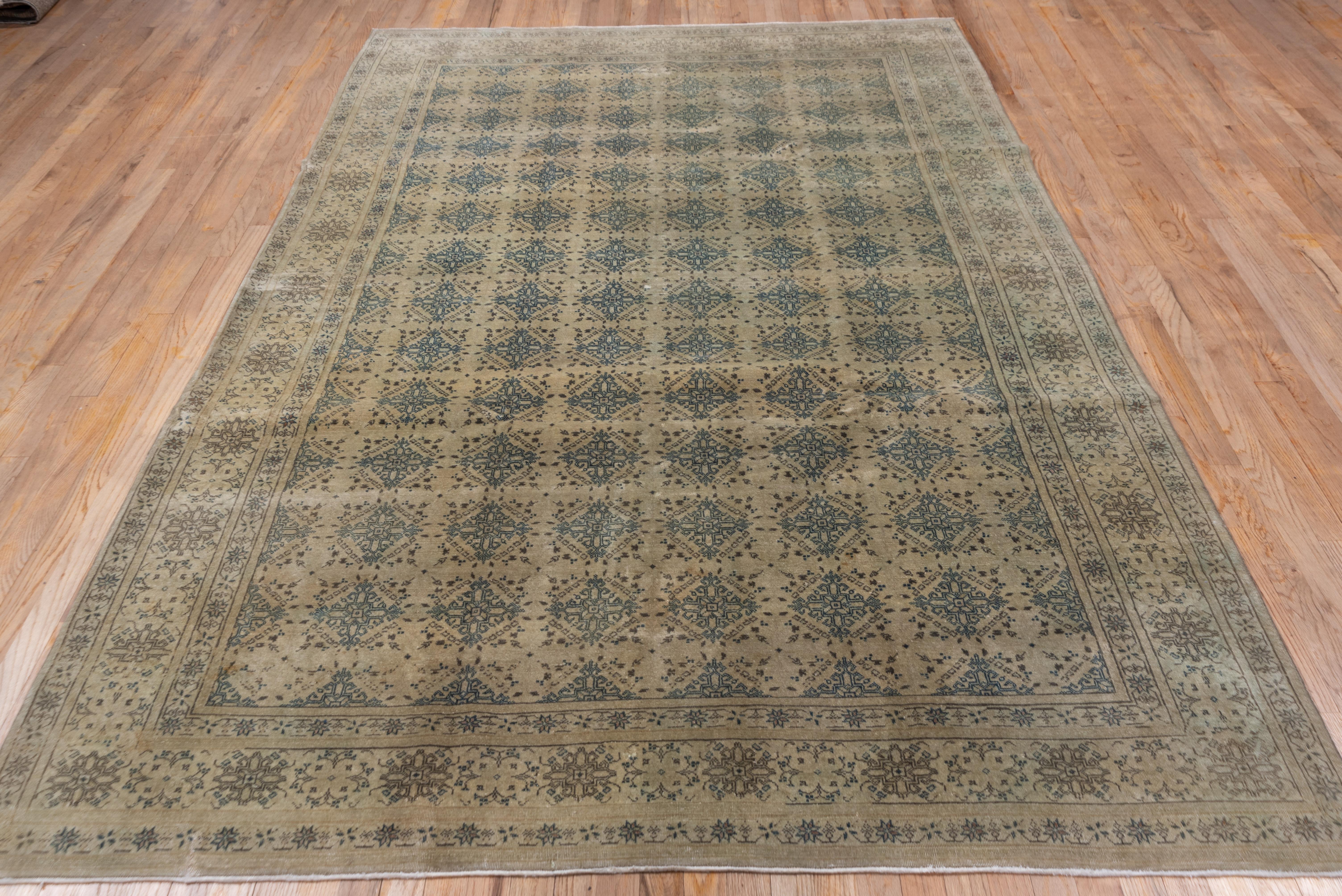 Hand-Knotted Lightly Worn Sage Green Antique Turkish Sivas Rug with Blue Accents, circa 1930s For Sale