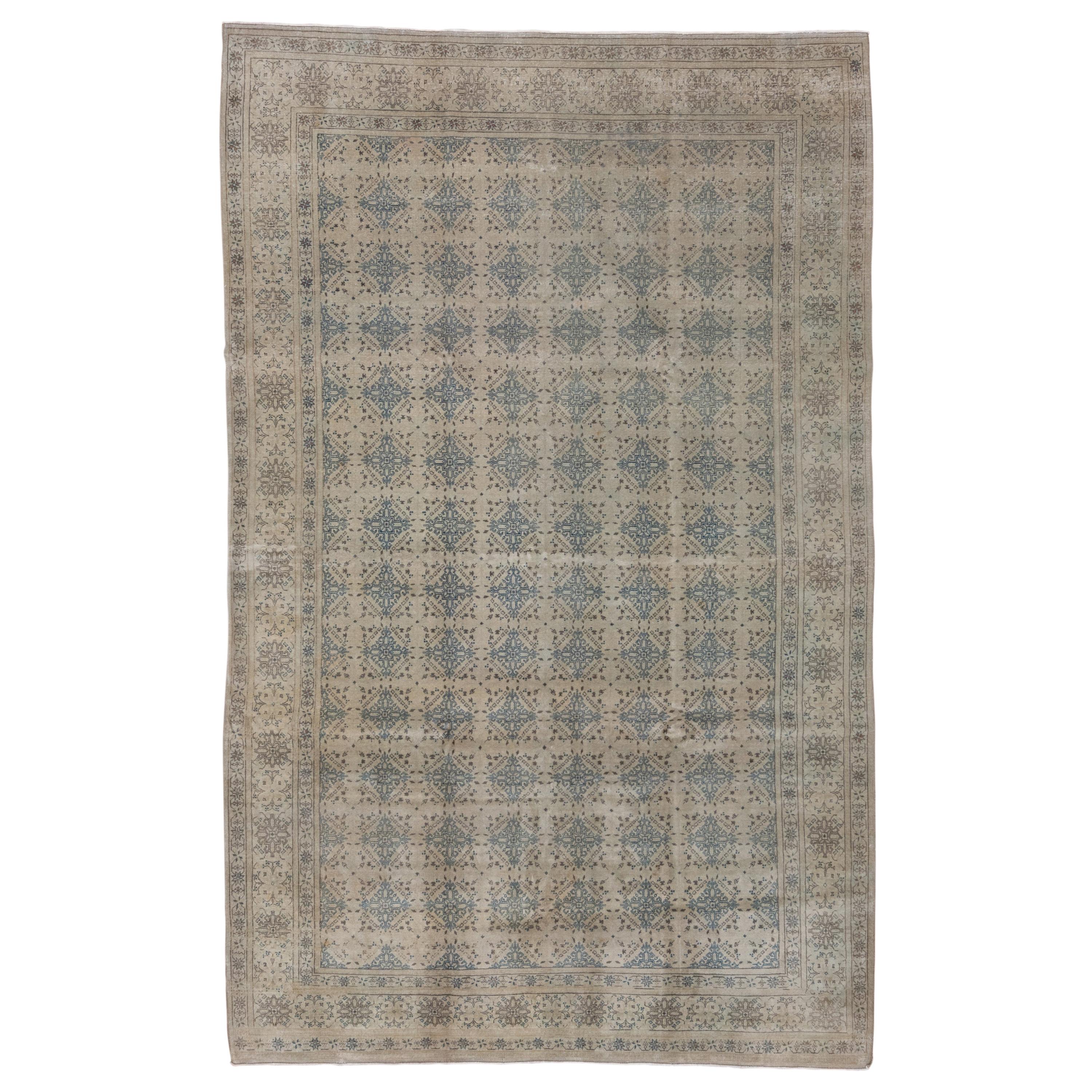 Lightly Worn Sage Green Antique Turkish Sivas Rug with Blue Accents, circa 1930s For Sale