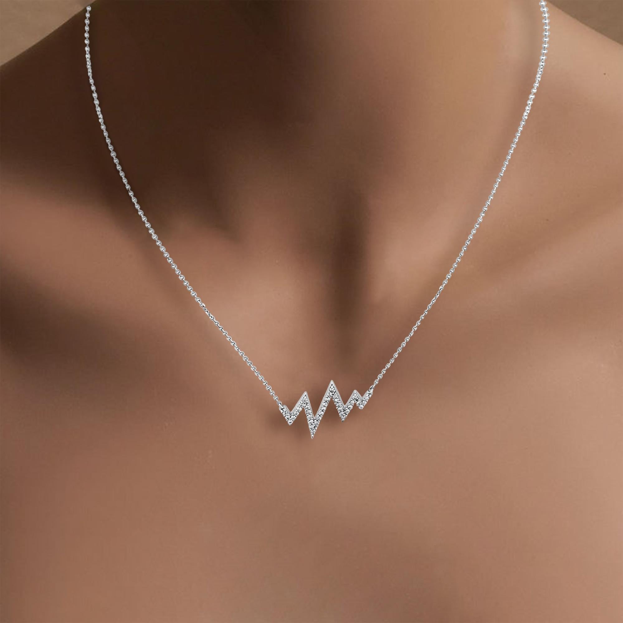 Round Cut Lightning Bolt or Heartbeat Diamond Statement Necklace .60cttw 14k White Gold For Sale