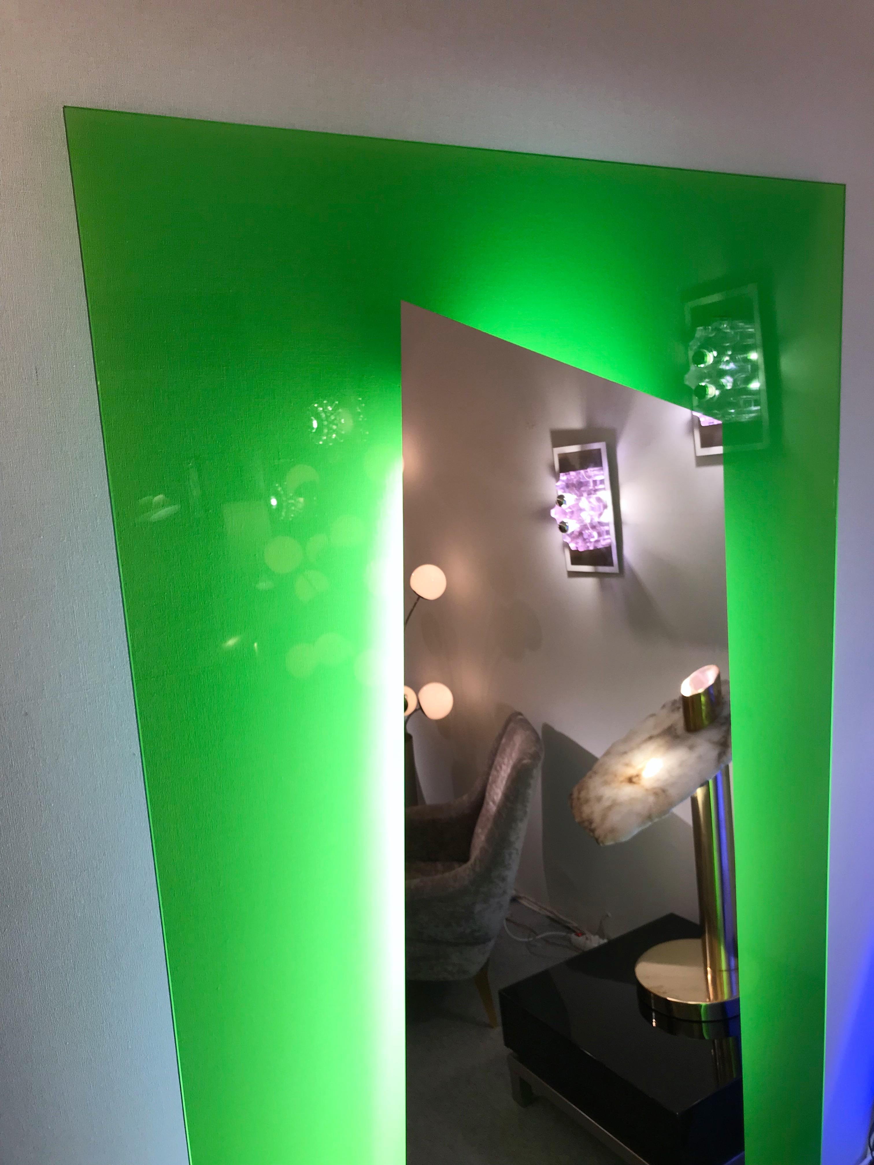 Large floor mirror full length or wall mirror in acid green tempered lightning glass by the designer Nanda Vigo for the manufacture Glass Italia. Produced in 2008, out of production today. Glass Italia is also the editor of Sottsass mirror. Can be