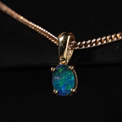 Lightning Ridge Australian Black Opal Doublet Pendant Charm 14k Gold Green Blue