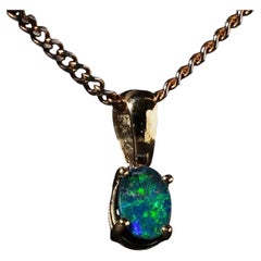 Lightning Ridge Australian Black Opal Doublet Pendant Charm 14k Gold Green Blue