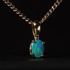 Lightning Ridge Australian Green Teal Blue Opal Doublet Pendant Charm 14K Gold