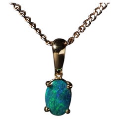 Lightning Ridge Australian Green Teal Blue Opal Doublet Pendant Charm 14K Gold