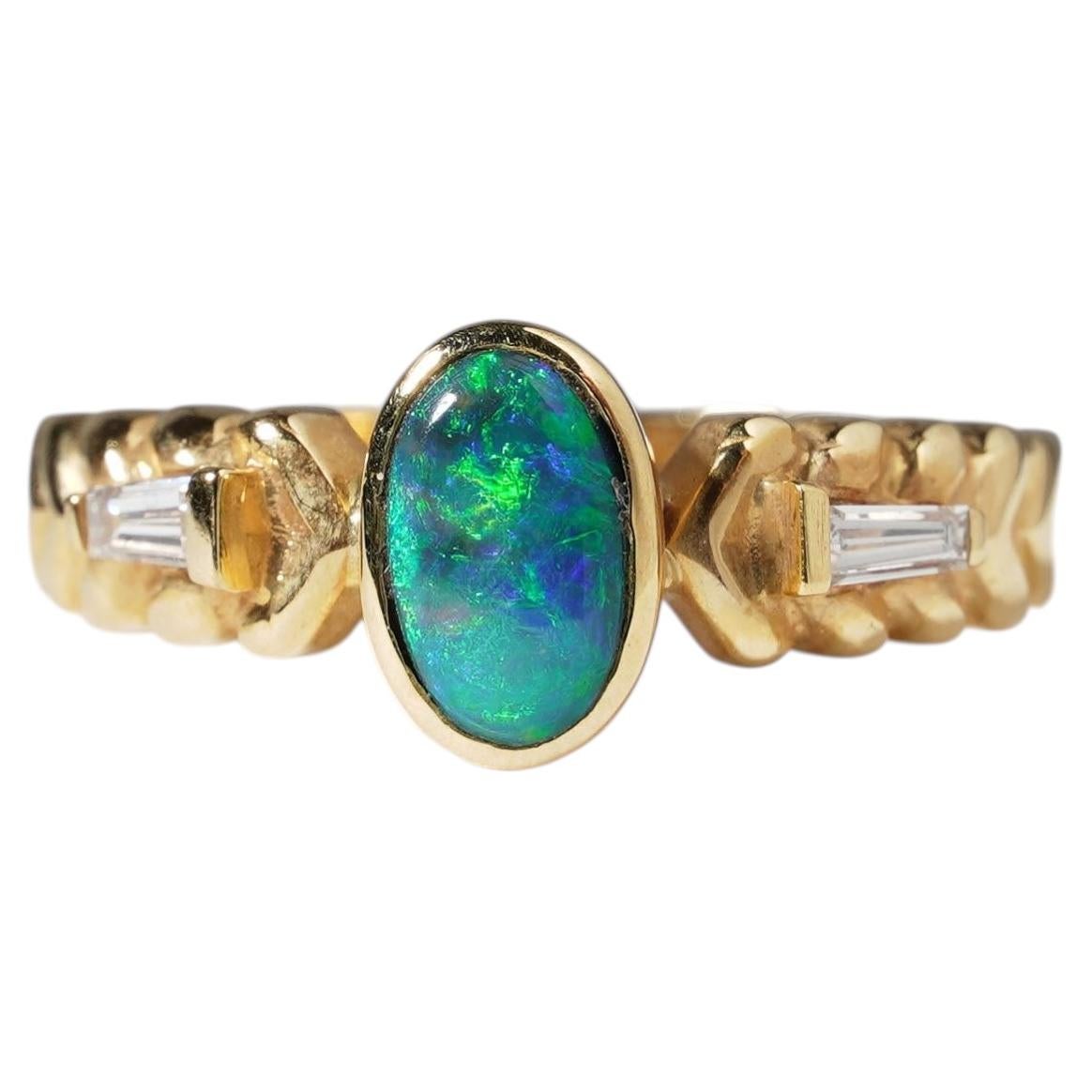 Lightning Ridge Australian Solid Black Opal & Baguette Diamond 18ct Gold Ring For Sale