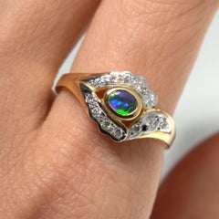 Lightning Ridge Australian Solid Black Opal Diamond 18ct Gold Scallop Ring