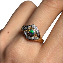 Lightning Ridge Australian Solid Black Opal Diamond 18ct Gold Scallop Ring