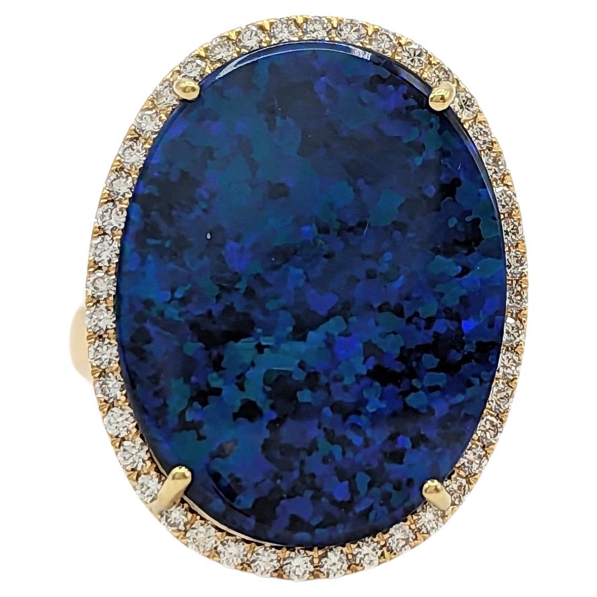 Lightning Ridge Black Opal and White Diamond Cocktail Ring in 18K Yellow Gold For Sale