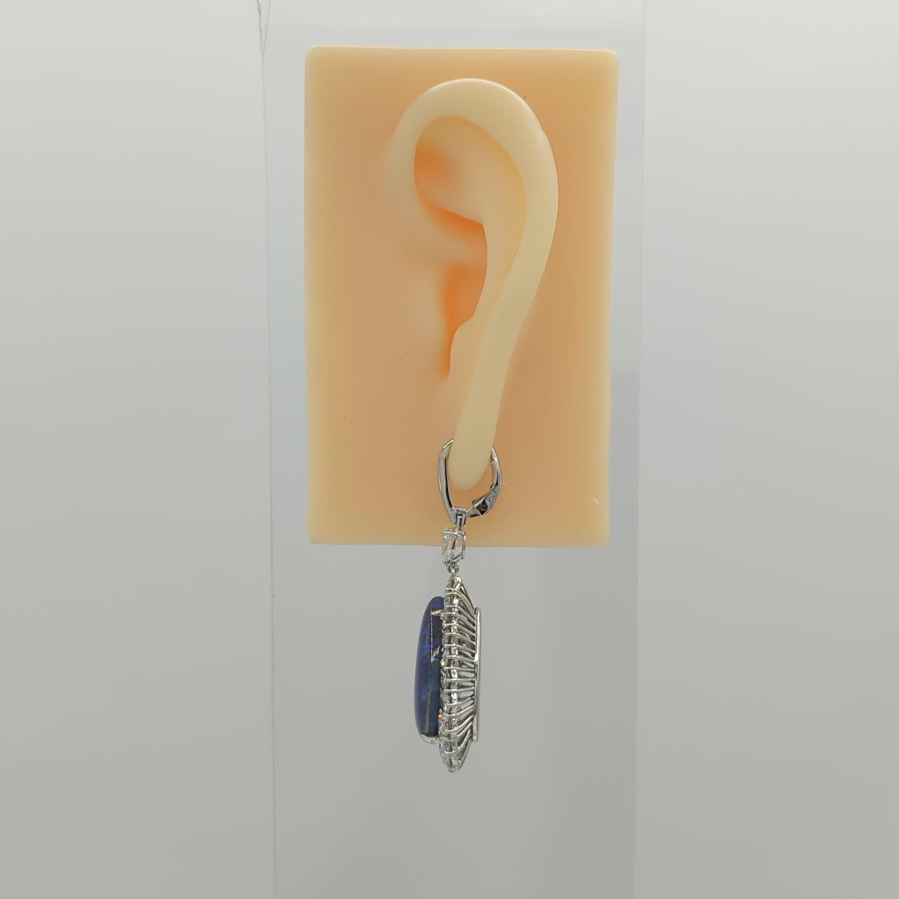 Pear Cut Lightning Ridge Black Opal and White Diamond Dangle Earrings in Platinum For Sale