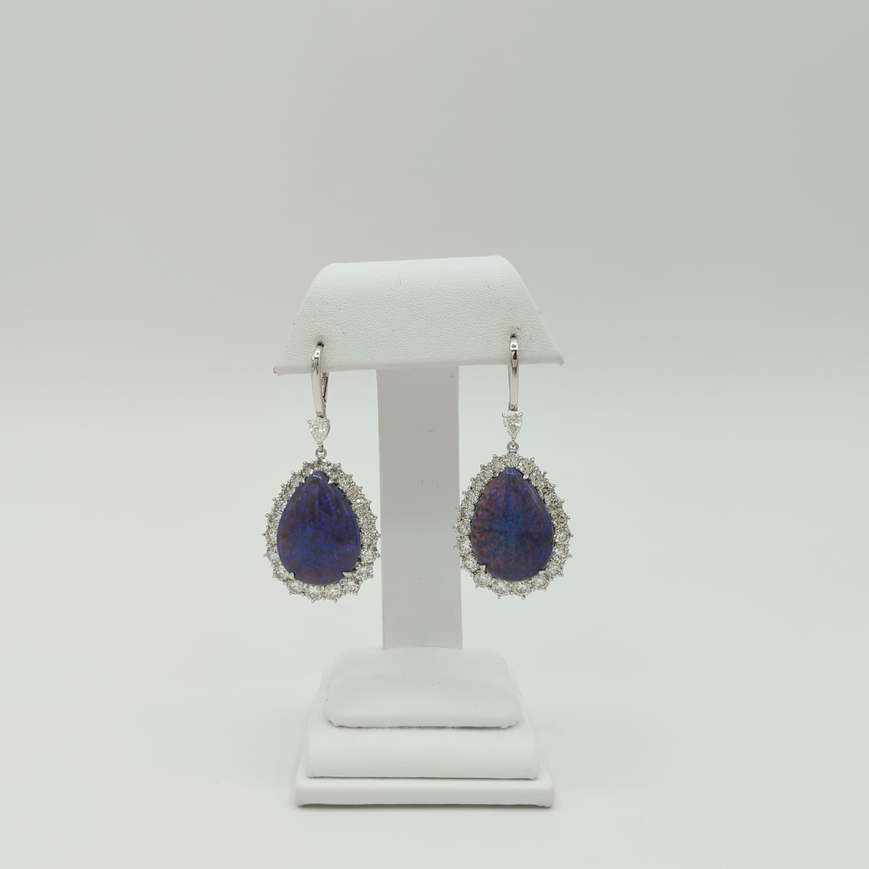 Lightning Ridge Black Opal and White Diamond Dangle Earrings in Platinum In New Condition For Sale In Los Angeles, CA