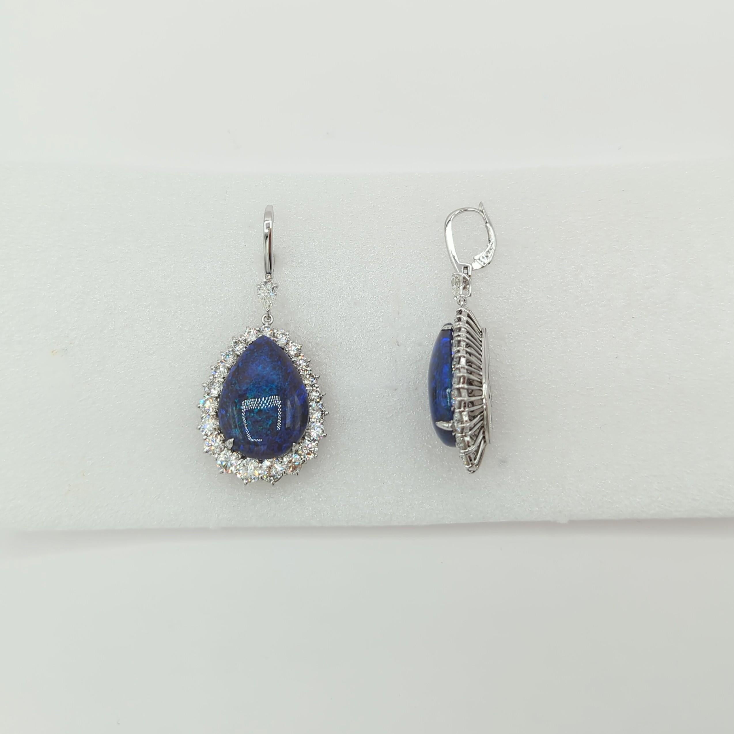 Women's or Men's Lightning Ridge Black Opal and White Diamond Dangle Earrings in Platinum For Sale
