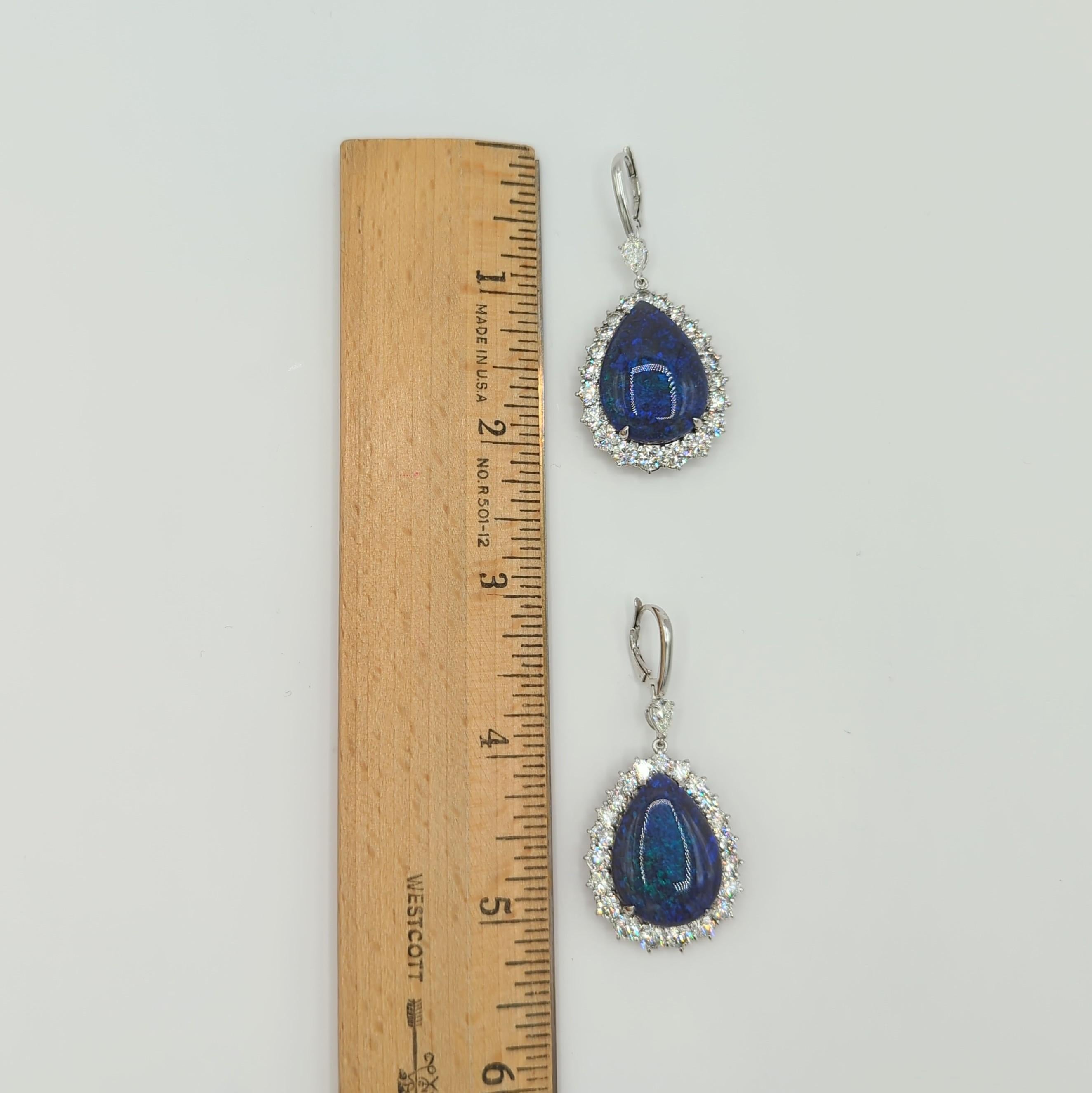 Lightning Ridge Black Opal and White Diamond Dangle Earrings in Platinum For Sale 1