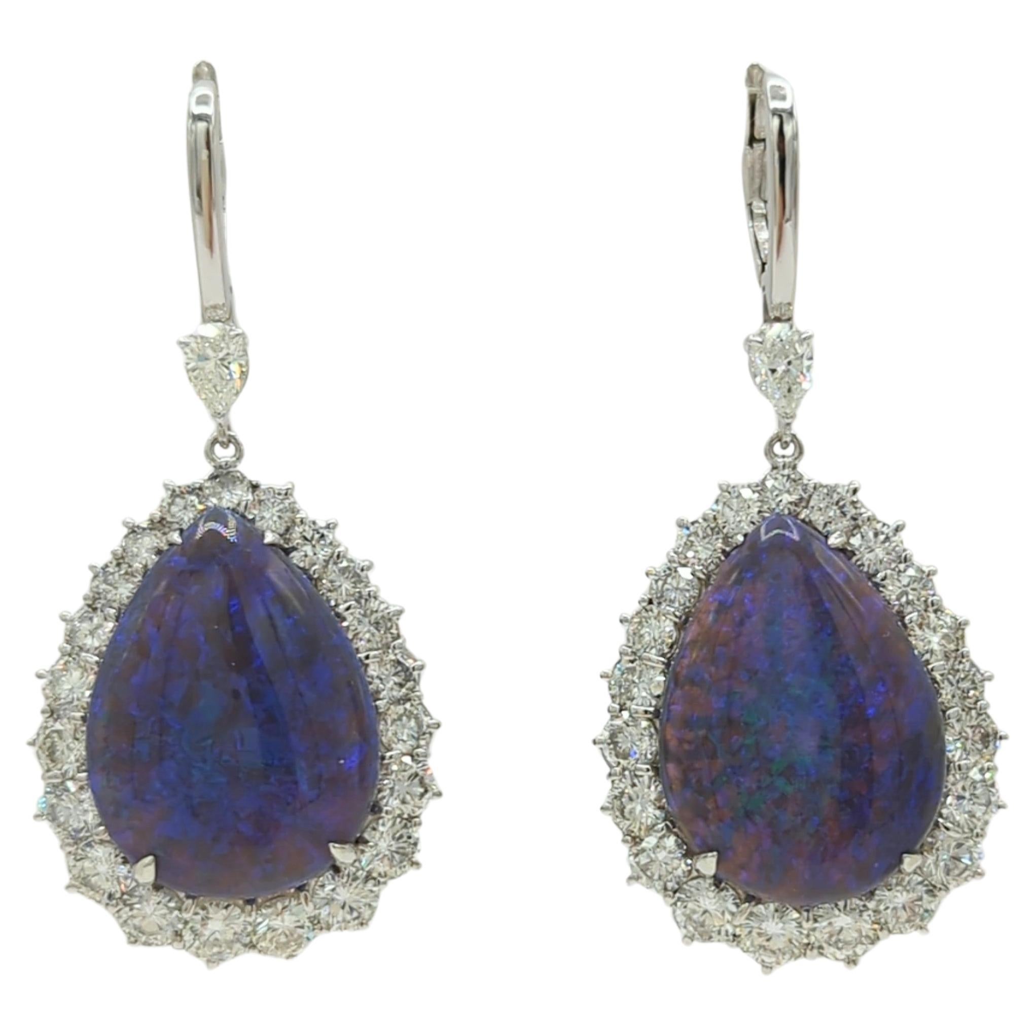 Lightning Ridge Black Opal and White Diamond Dangle Earrings in Platinum For Sale