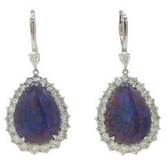 Lightning Ridge Black Opal and White Diamond Dangle Earrings in Platinum