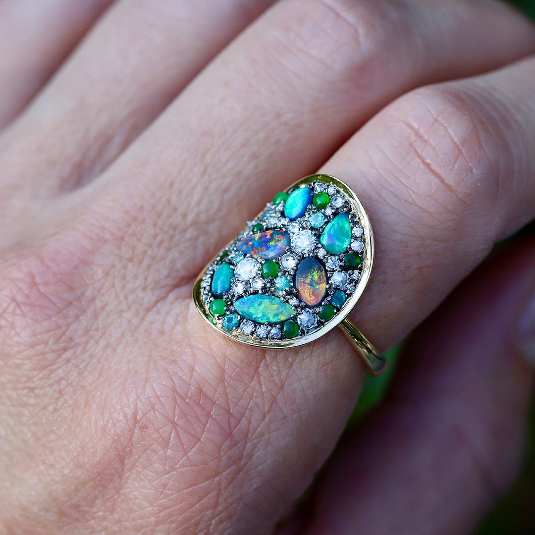 Joke Quick Schwarzer Opal + Jadeit + Paraiba Turmalin + Diamant Pavé Mosaik Ring im Angebot 11